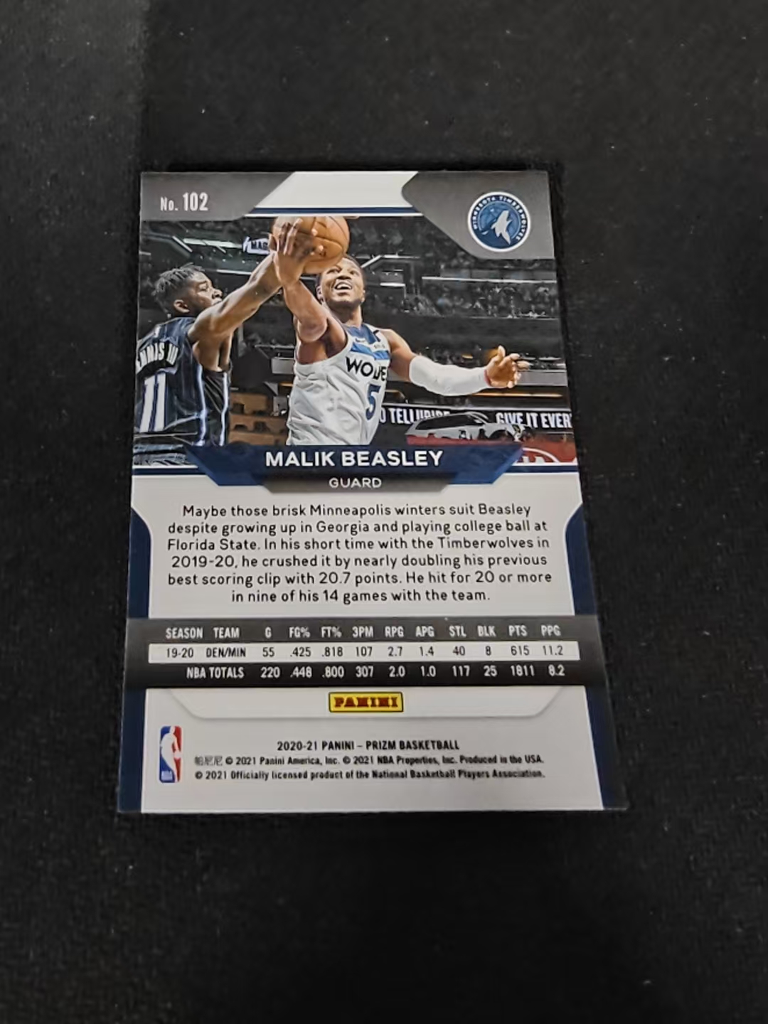 【可合并,不累计】2020-21 Panini Prizm Malik Beasley 马利克 比斯利 森林狼 pz 划痕 边角瑕疵 #102