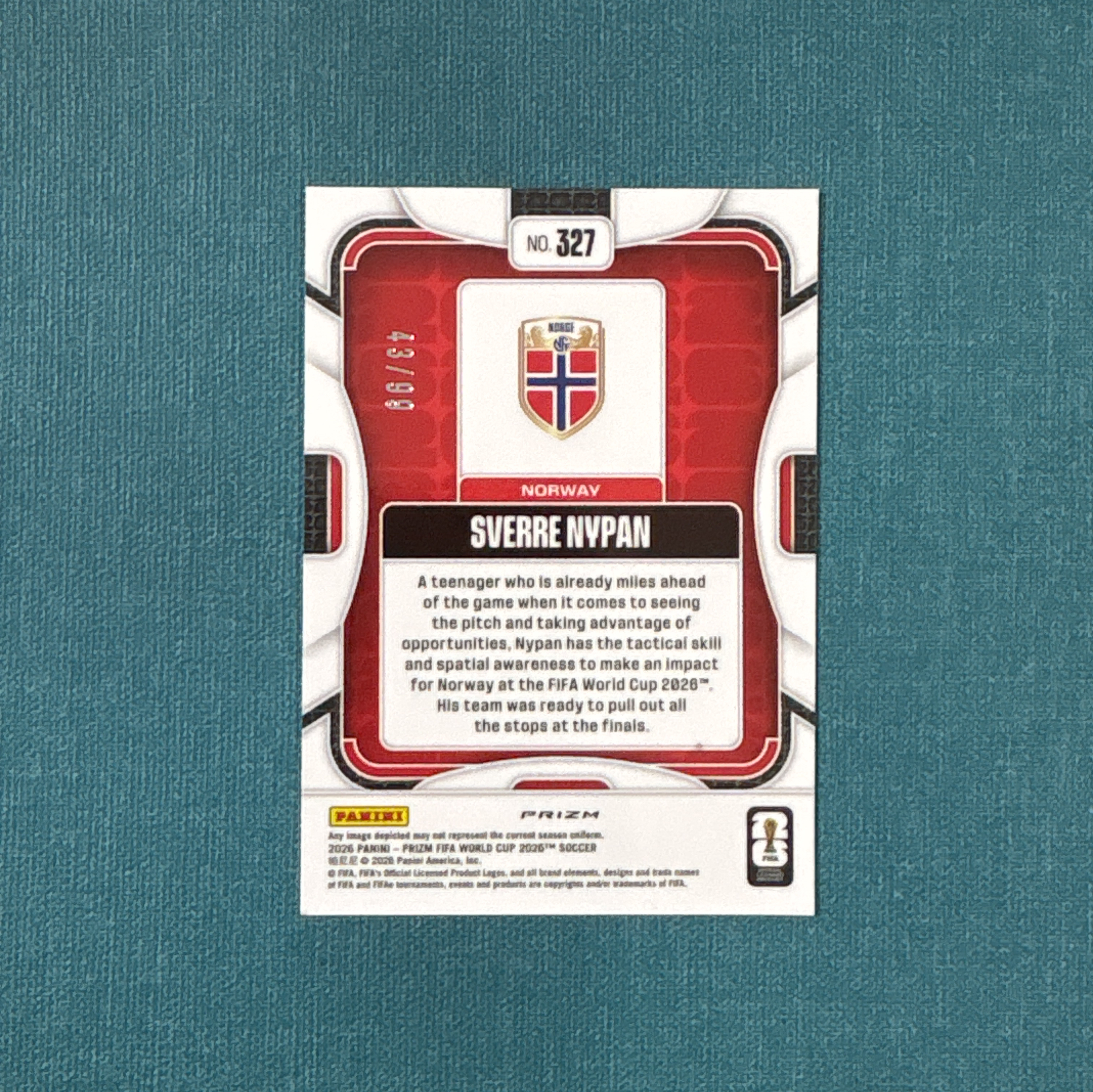 2026 Panini Prizm 世界杯PZ El Sverre Nypan 尼潘 43/99编 新秀 RC 橙脉冲折 挪威 曼城 卡品如图 YFX