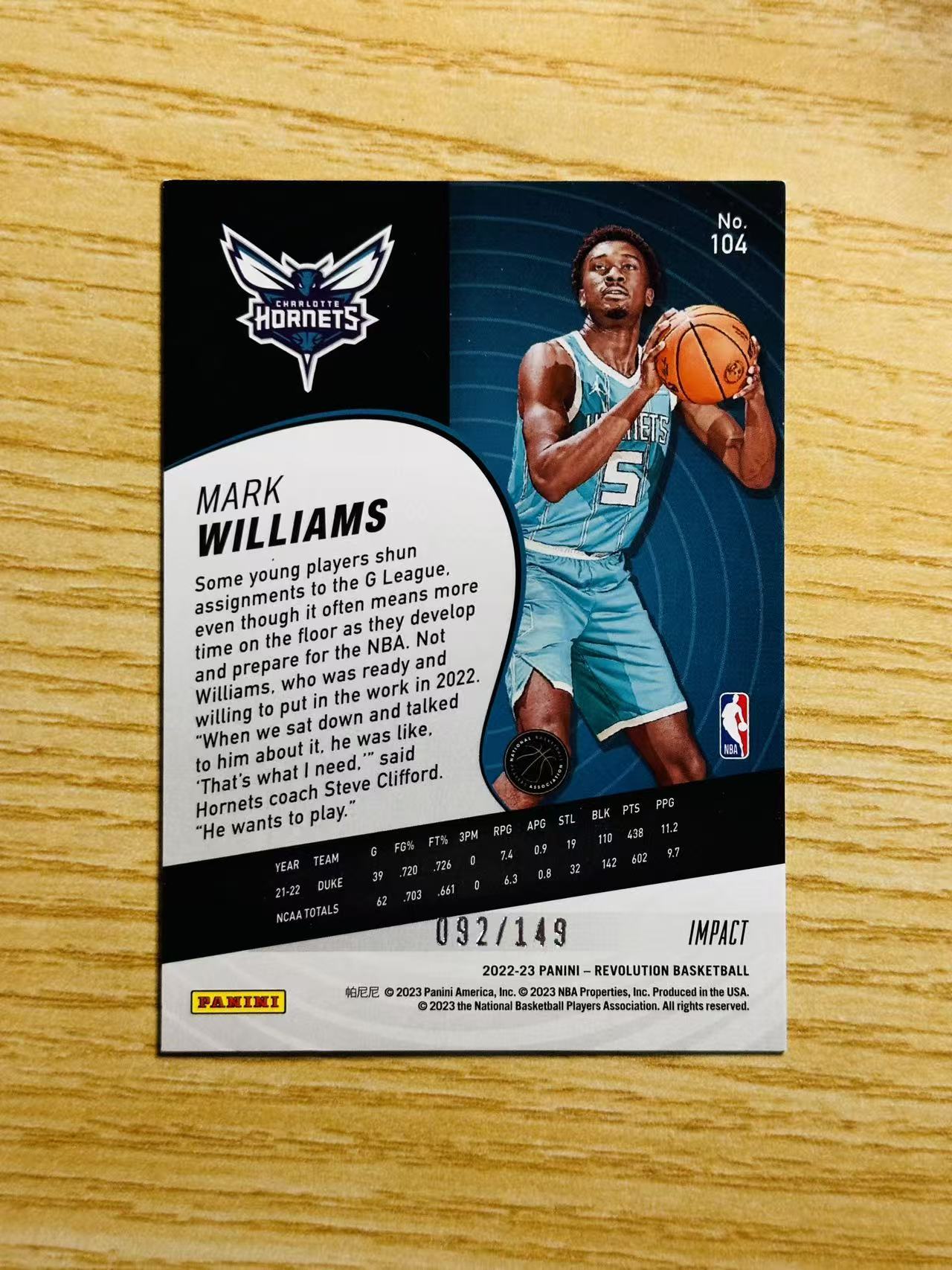 2022-23 Panini Revolution Mark Williams 嘿嘿代卖 革命 马克 威廉姆斯 新秀 RC 爆炸折 149编 黄蜂 收藏必备