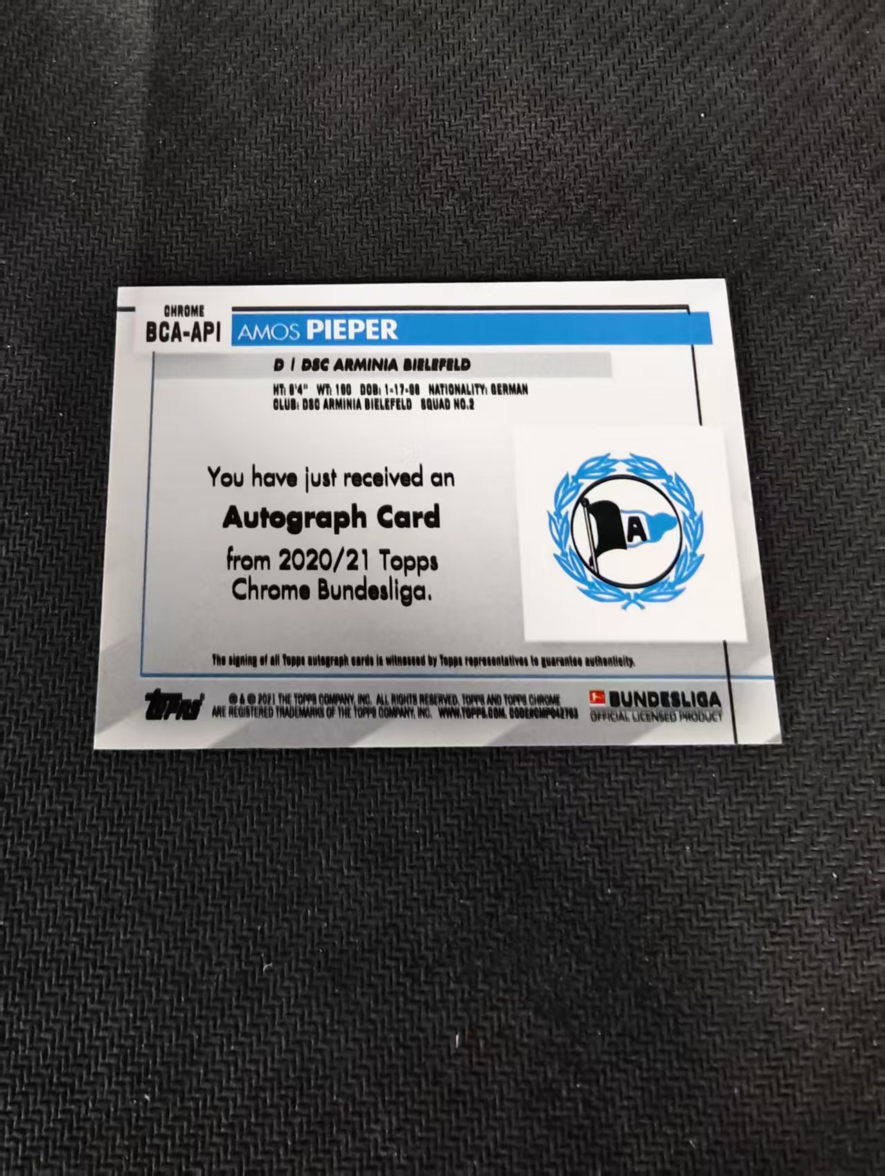 【可合并,不累计】2021 Topps Chrome Amos Pieper 德甲TC 比勒费尔德 阿莫斯 皮珀 银折 签字 签名 微瑕如图