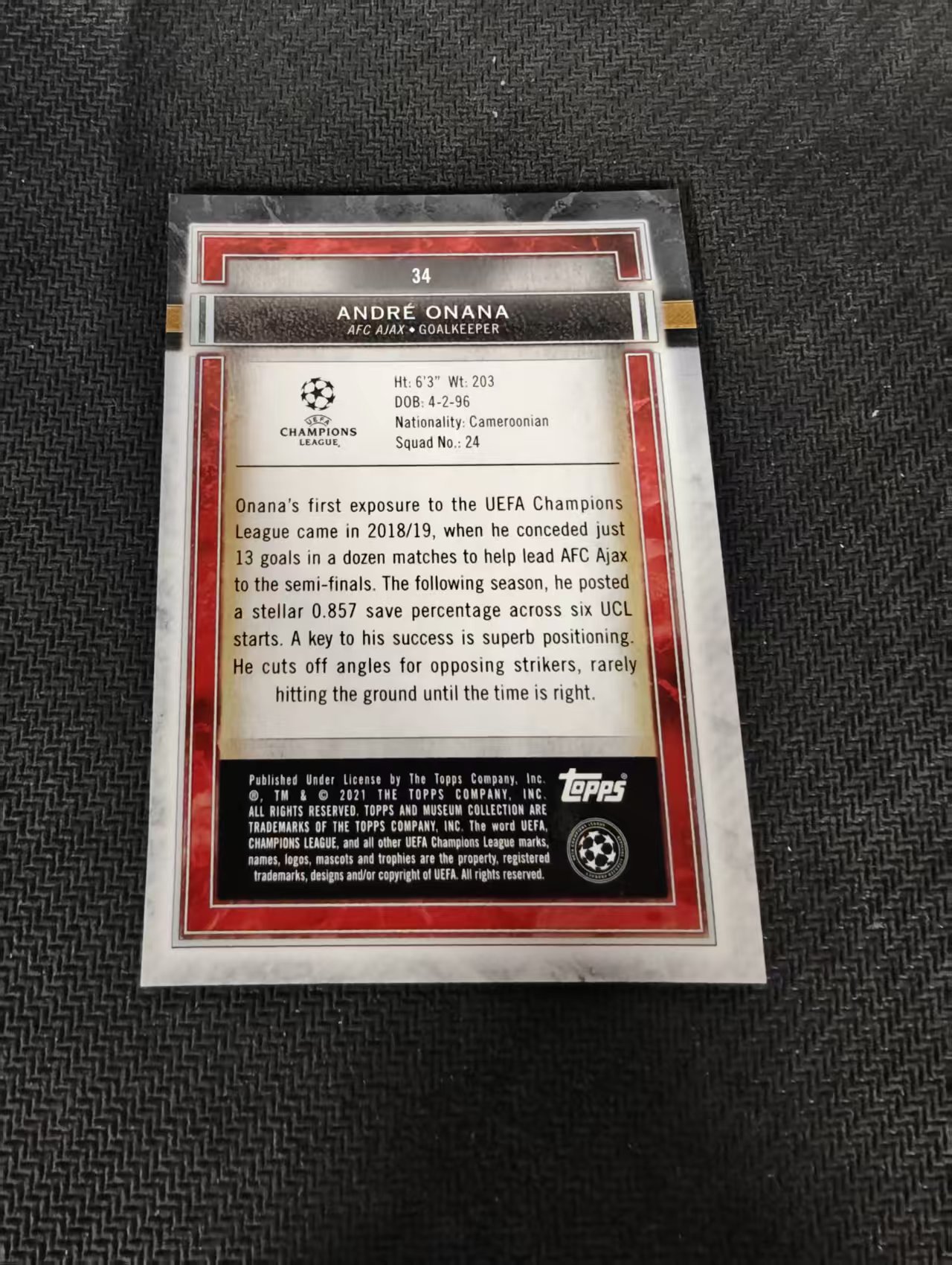 【可合并,不累计】2021 Topps Museum andre onana 奥纳纳 阿贾克斯 欧冠 博物馆 边角瑕疵