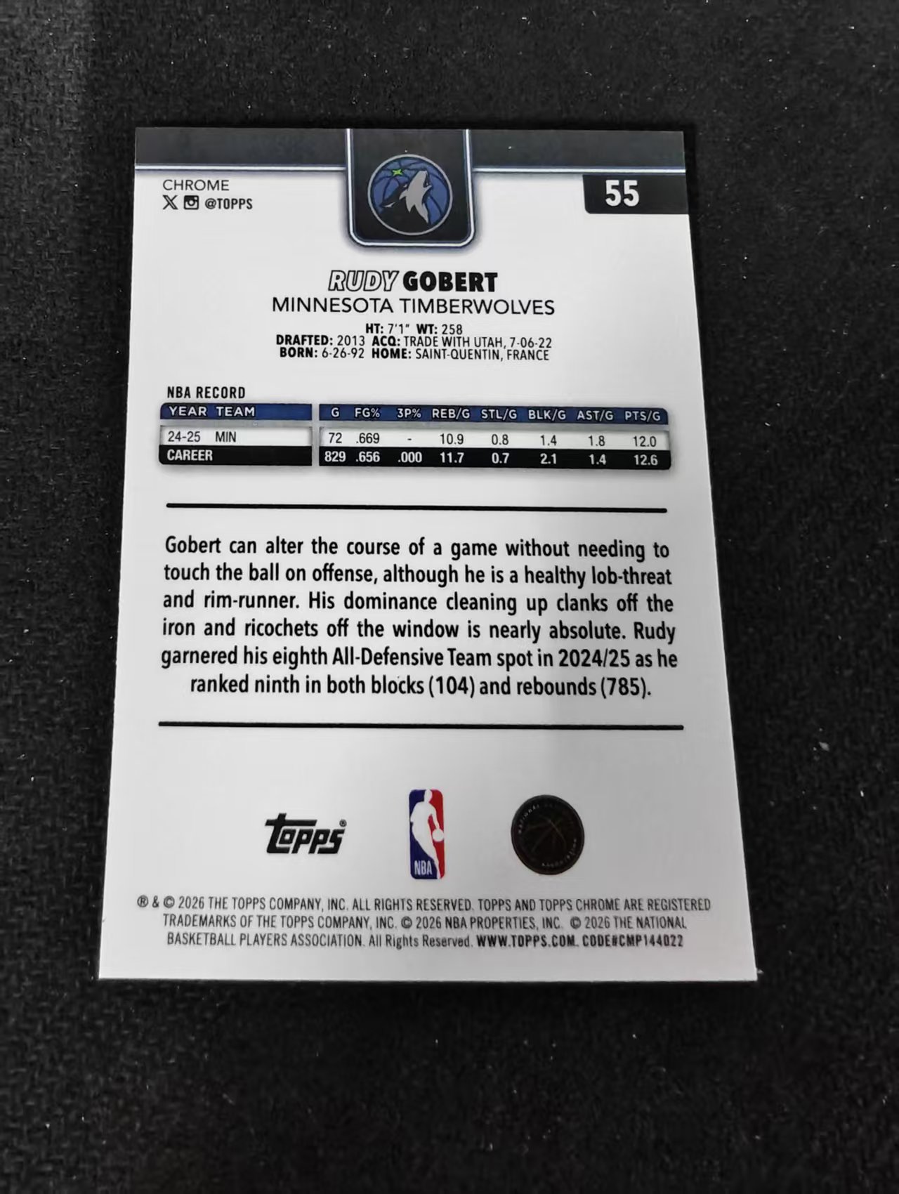 2026 Topps Chrome Update rudy gobert TCU 森林狼 鲁迪 戈贝尔 TCU 划痕 边角瑕疵 #55