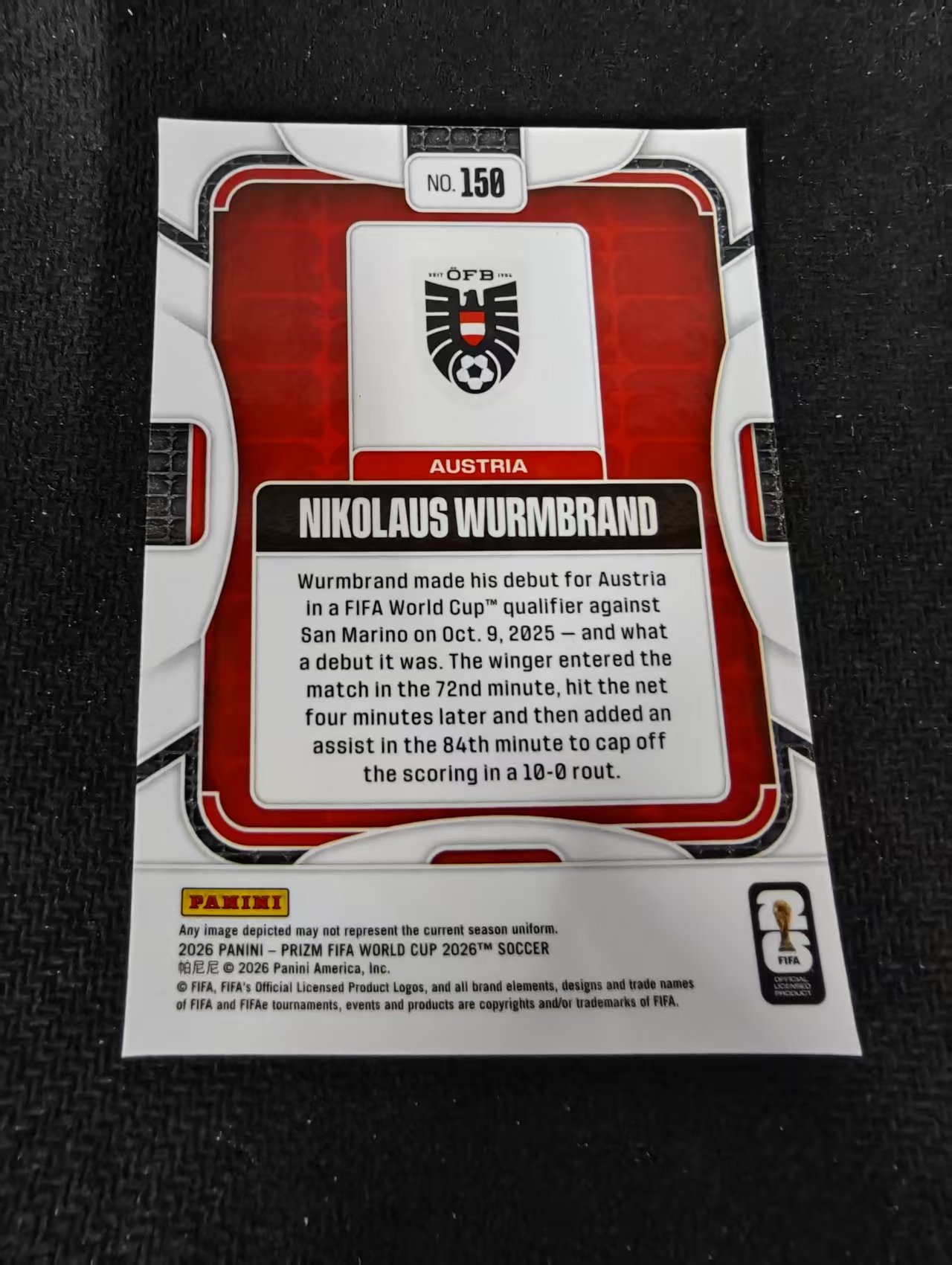 2026 Panini World Cup Prizm Nikolaus Wurmbrand 奥地利 新秀RC 乌尔姆 布兰德 PZ世界杯 划痕 边角瑕疵#150