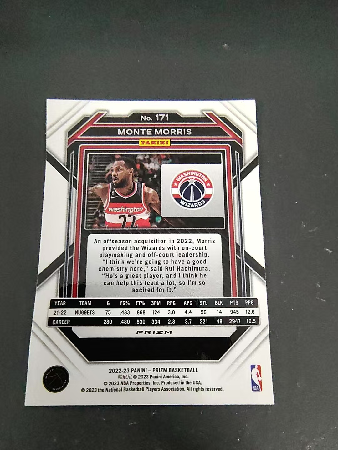 【可合并,不累计】2022-23 Panini Prizm Monte Morris 蒙特 莫里斯 奇才 PZ Hyper折 划痕 边角瑕疵 #171