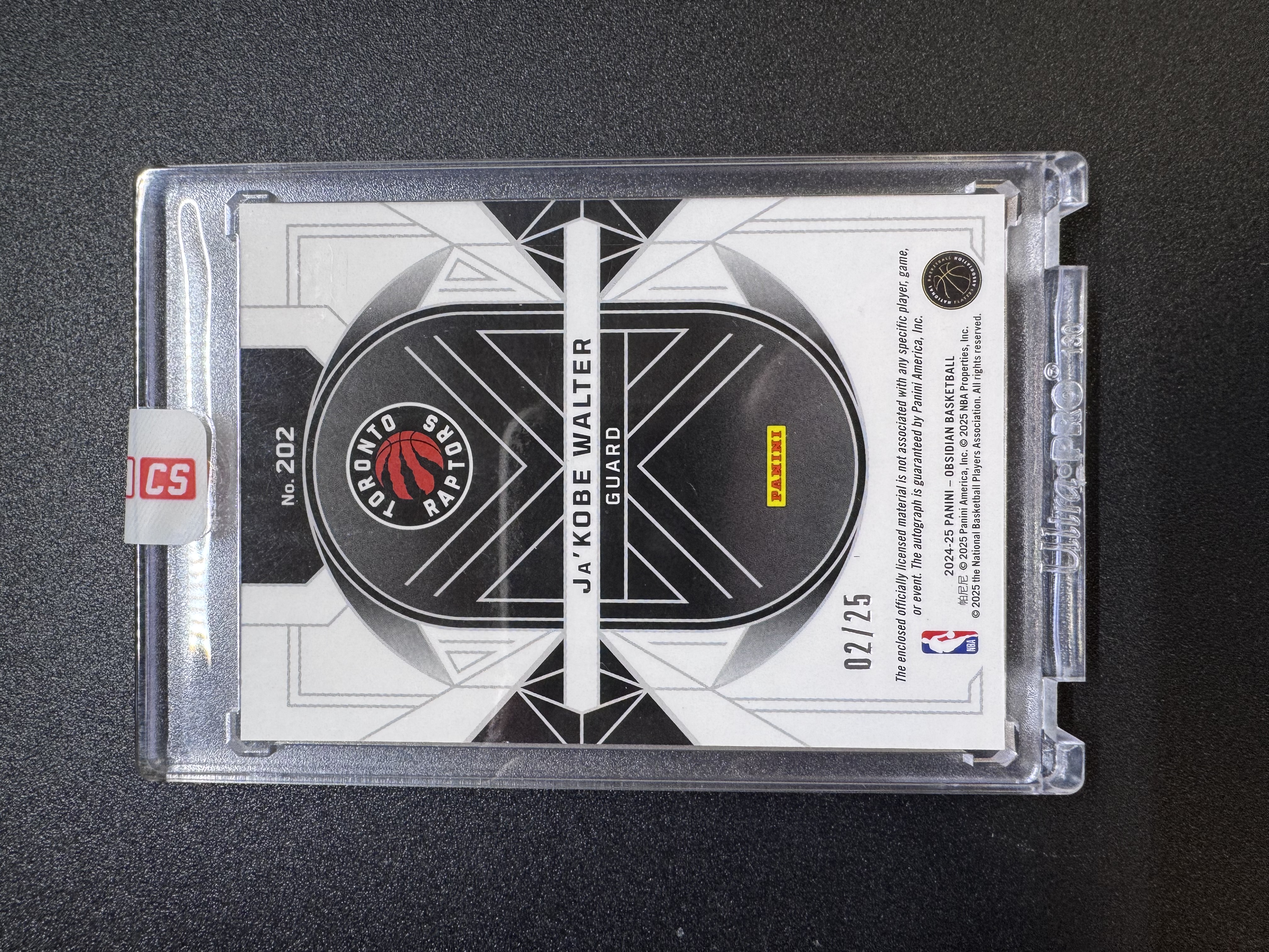 JA'Kobe Walter 贾科比沃尔特 2024-25 Obsidian 黑曜石 RC新秀 2/25编 RPA 签字 球衣物料 Patch切割 猛龙