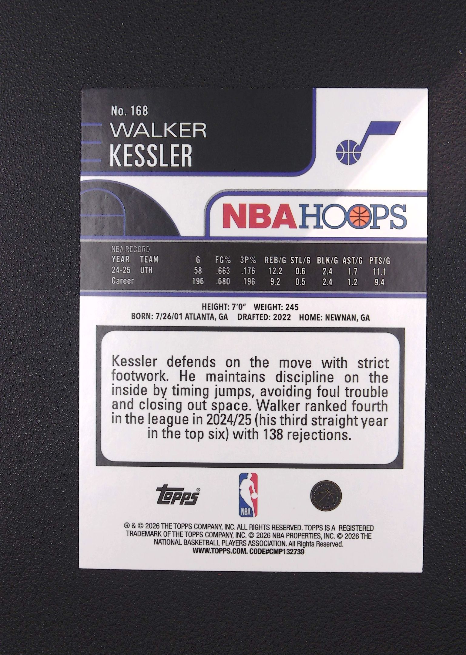 2026 Topps Hoops Walker Kessler 沃克 凯斯勒 爵士 154/249编 橙红折【Big M 代拍】 AQ888