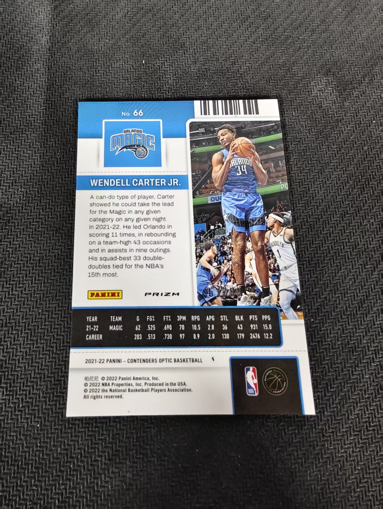 【汽水拍卖】2021-22 Panini Contenders Optic Wendell Carter Jr. 温德尔 卡特 魔术 球票OP 蓝折 99编 微瑕如图
