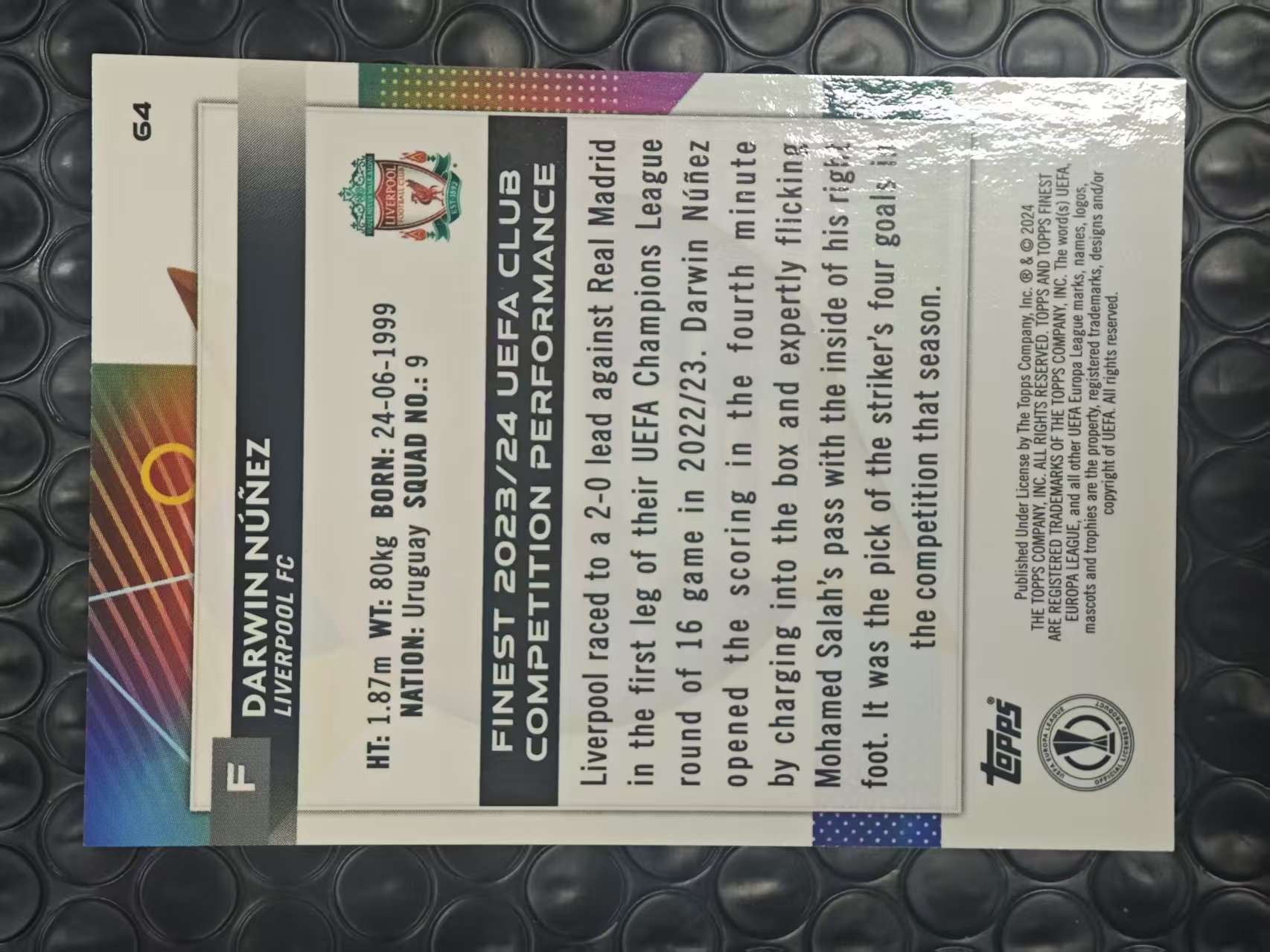 2023-24 Topps Finest Darwin Nunez 欧冠 利物浦 乌拉圭 达尔文 努涅斯 220/275编 蓝折 折射 卡品如图【原地起飞卡社】MVP11.6