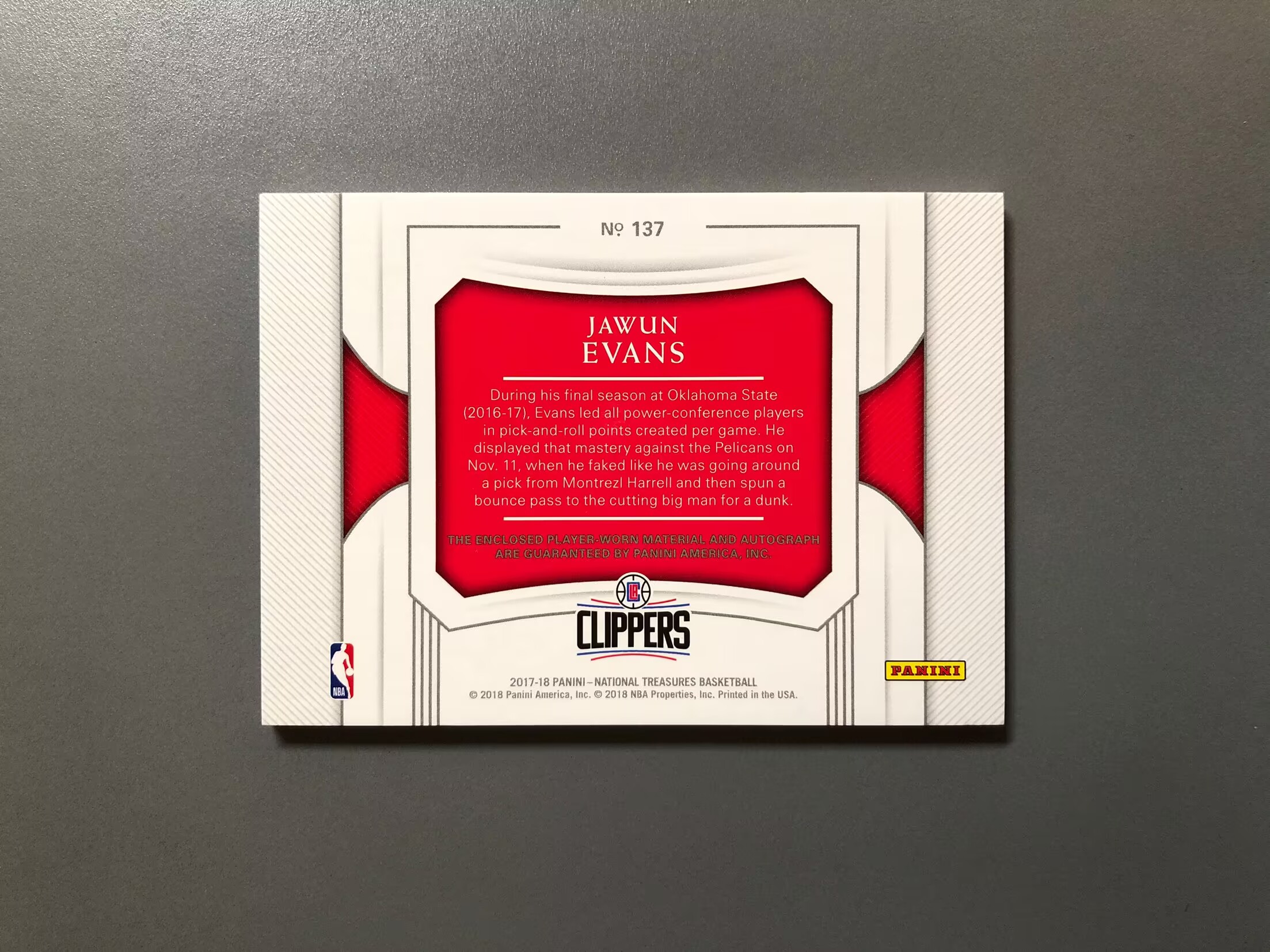2017-18 Panini National Treasures Jawun Evans RC 贾旺·埃文斯 快船 新秀 RC 落场 球衣 签字 卡签 RPA 49编 切割暴力 瑕疵如图 FT047