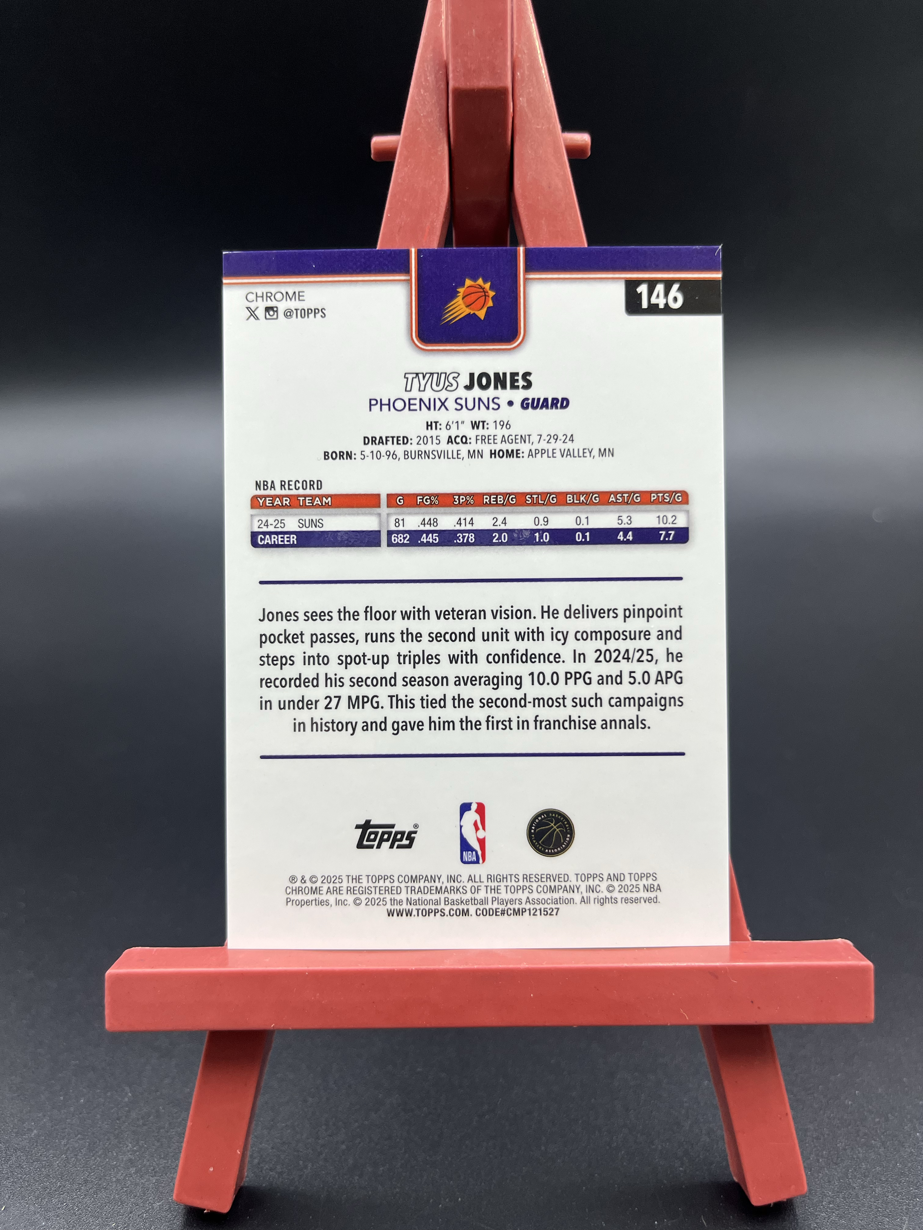 【西子拍卖】2025-26 Topps Chrome TC Tyus Jones 泰厄斯 琼斯 太阳 24/50编 金折 金波纹折 折射 卡品如图 DL87