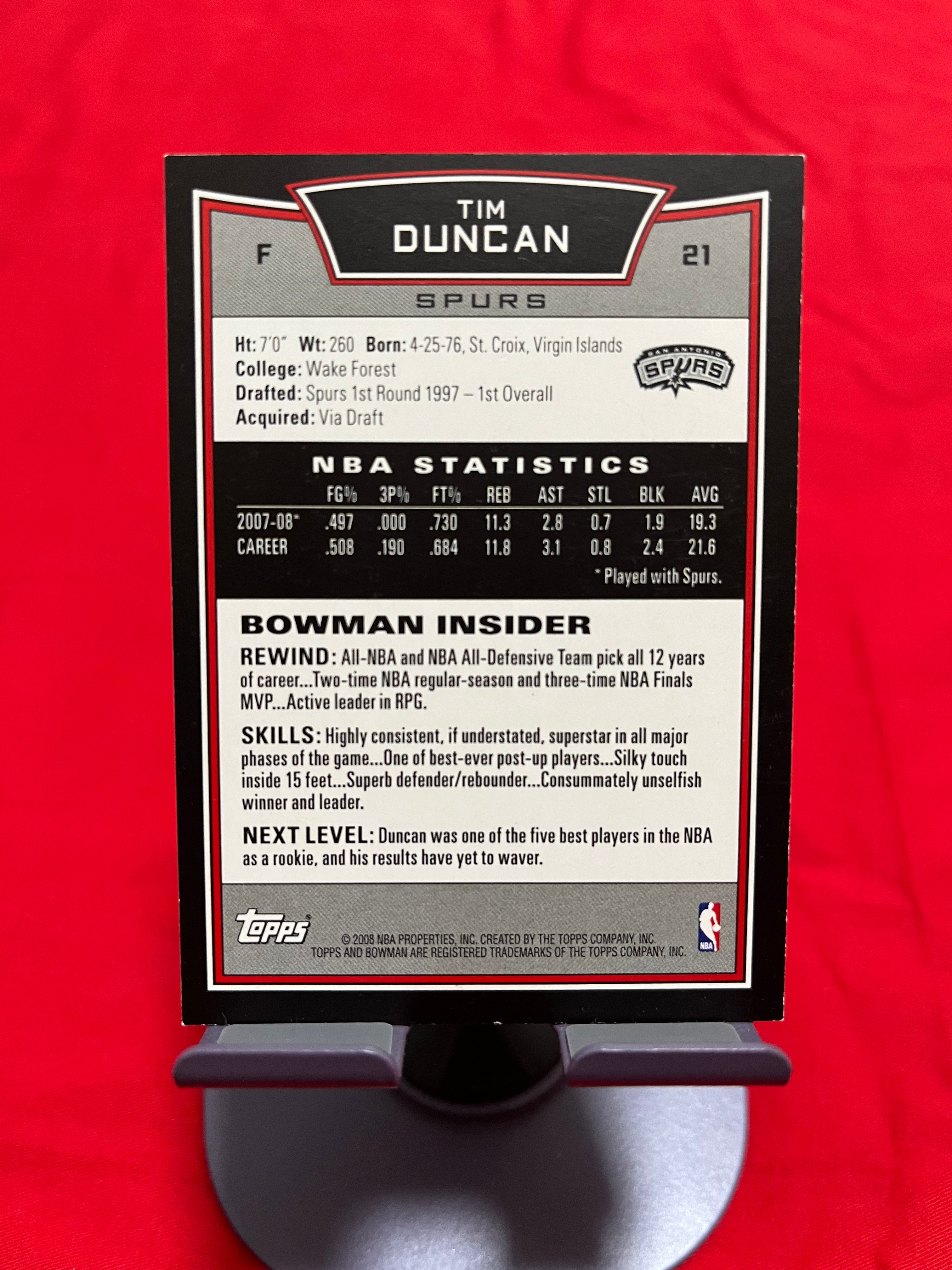 2008 Topps 老卡 老特 Tim Duncan 蒂姆 邓肯 石佛 马刺【复古设计 BOWMAN INSIDER】【边角瑕疵如图 介意勿拍】#1103