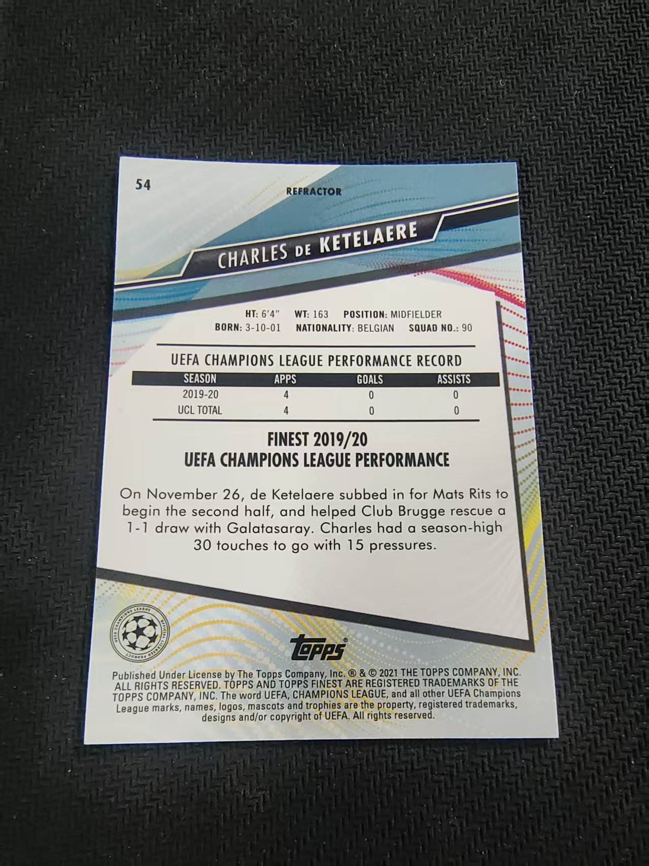 【可合并,不累计】2021 Topps Finest Charles de Ketelaere RC 欧冠 德凯特莱尔 亚特兰大 AC米兰 新秀 银折 #54