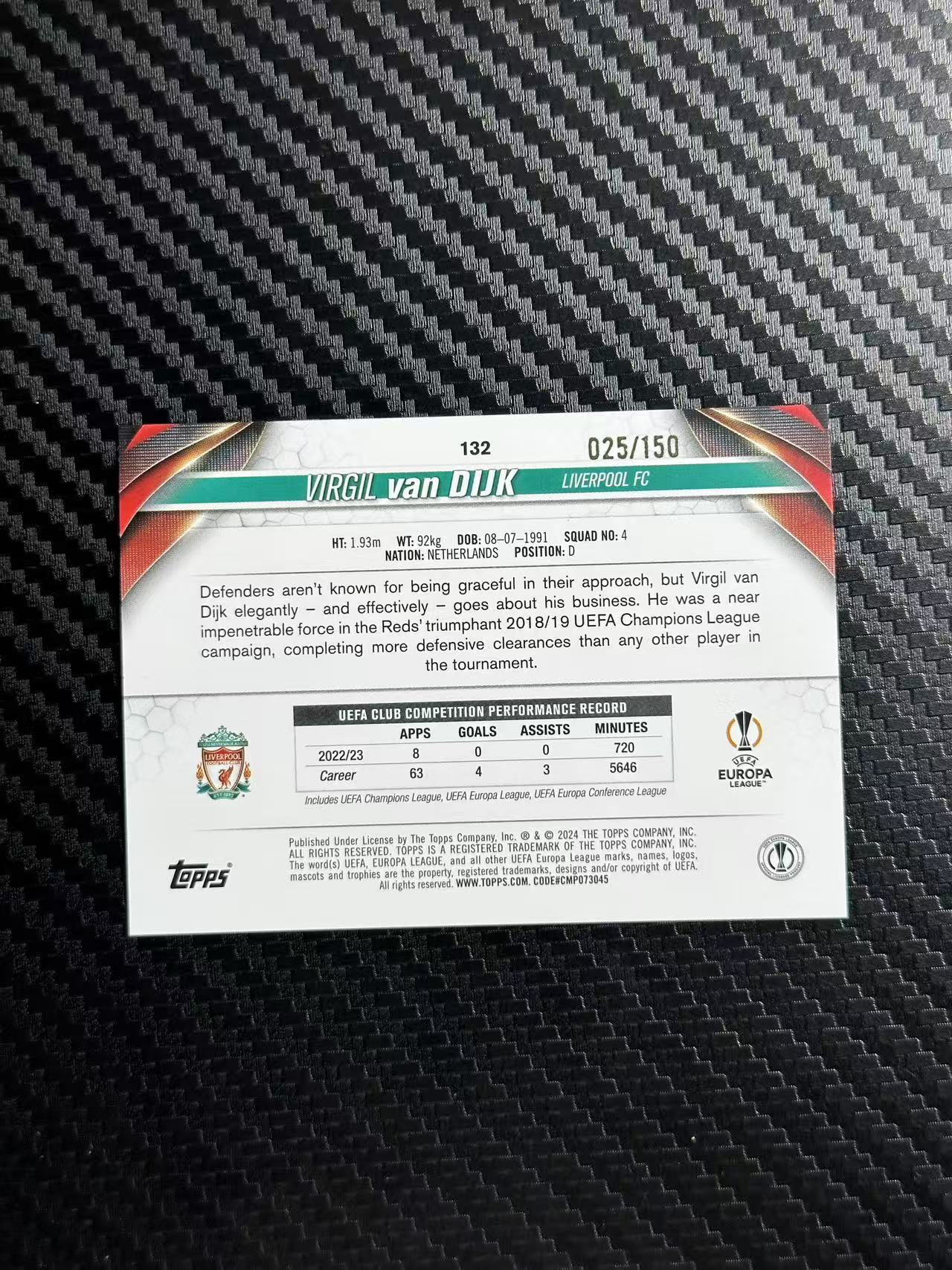 2024 Topps ucc Virgil van Dijk 欧冠 碧玉 范戴克 利物浦 荷兰 新年限定折 025/150编 卡品如图 拍前看描述