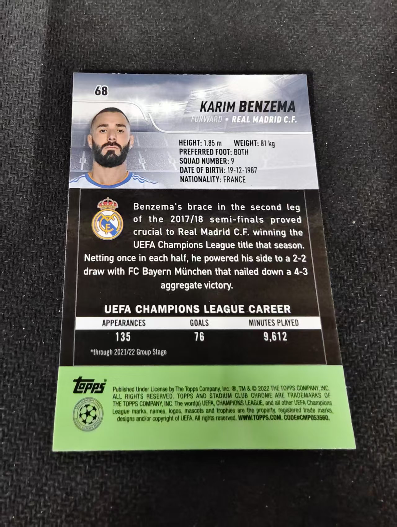 【可合并,不累计】2022 Topps Stadium Club Chrome Karim Benzema 本泽马 皇马 竞技场 欧冠 划痕 边角瑕疵 #68