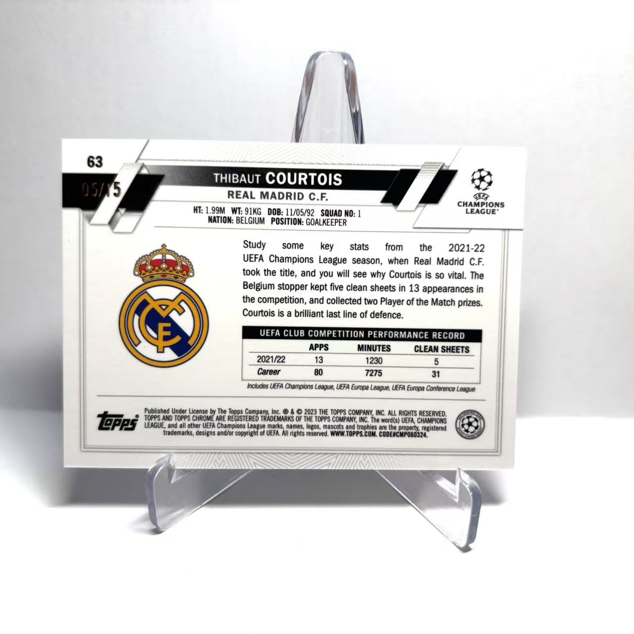 2023 Topps Chrome Thibaut Courtois 【东明】库尔图瓦 皇马 蓝宝石 15编 紫碎冰折 超低编 欧冠 皇家马德里 比利时 卡品如图
