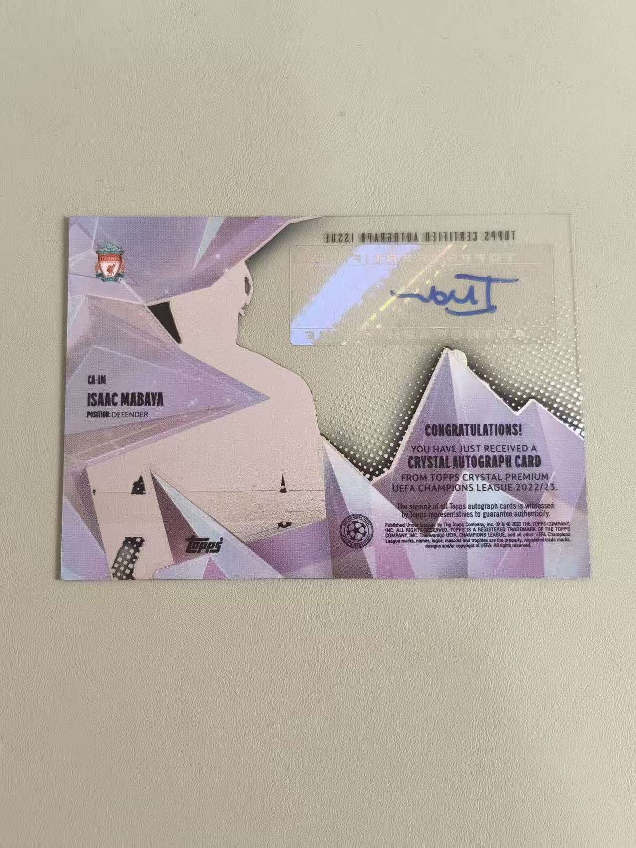 2022 Topps Crystal Isaac Mabaya RC 艾萨克 马巴亚 签字 水晶 胶片 欧冠 利物浦 新秀 未来可期 卡品如图