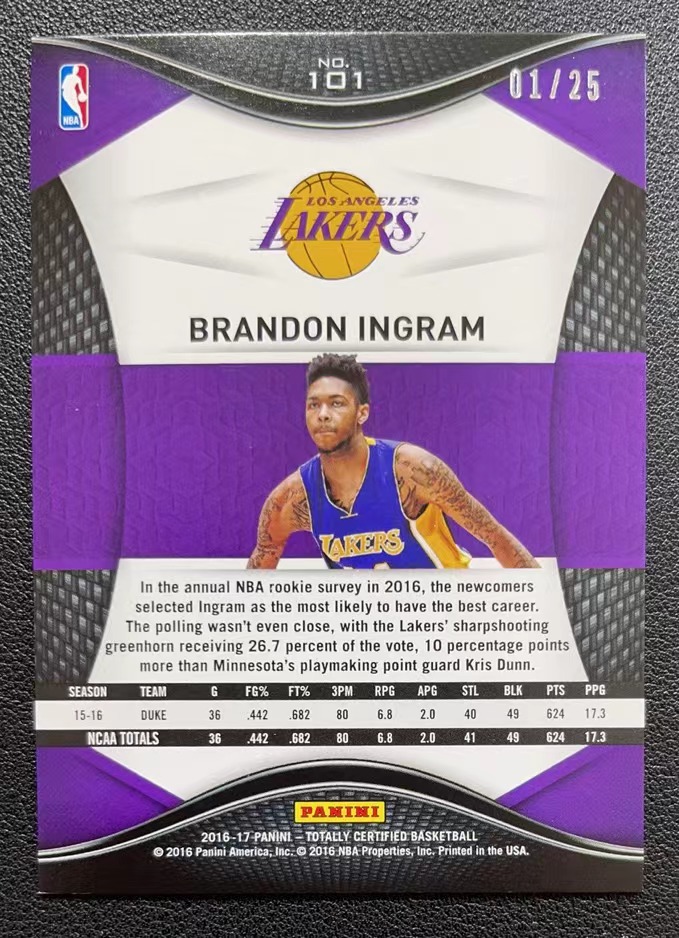 2016 17 Panini Totally Certified Brandon Ingram Rc 卫生巾 新秀rc 湖人 英格拉姆 迷彩折