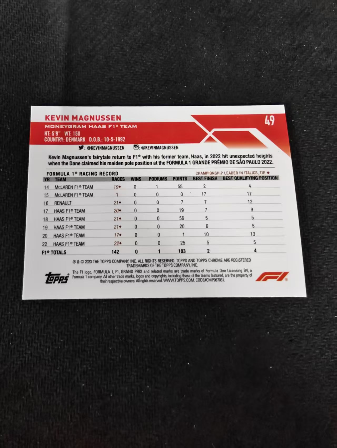 2023 Topps Chrome Kevin Magnussen 凯文 马格努森 哈斯 F1 划痕 边角瑕疵 #49