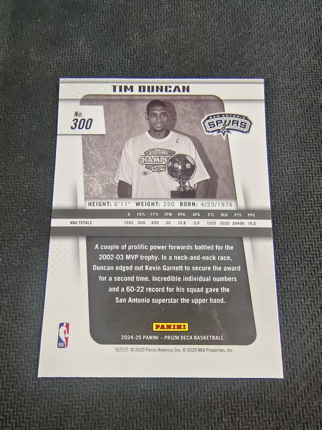【可合并,不累计】2024-25 Panini PRIZM DECA Tim Duncan pz 复刻 邓肯 马刺 捧杯特卡 划痕 边角瑕疵 #300