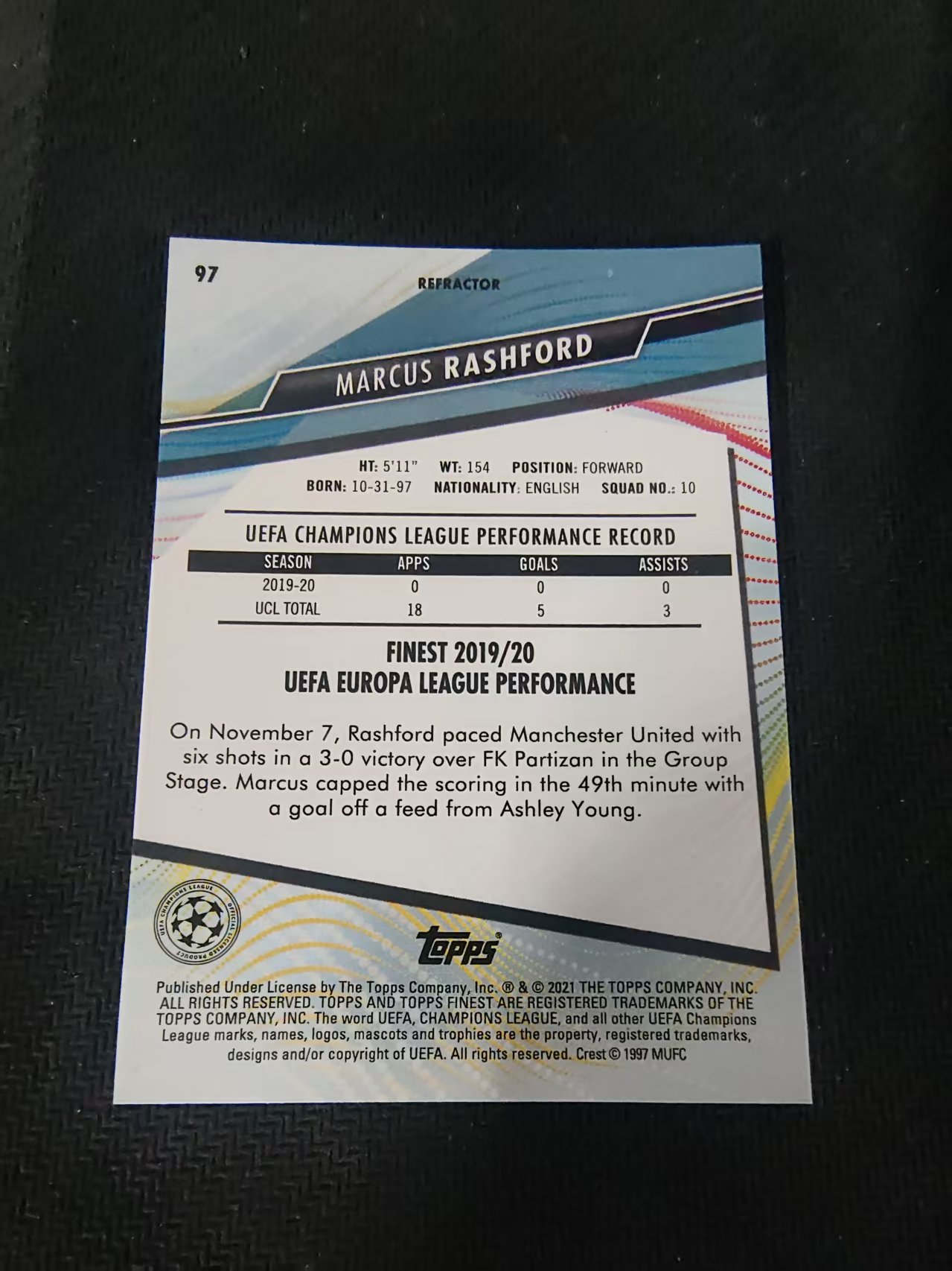 【可合并,不累计】2021 Topps Finest Marcus Rashford 曼联 英格兰 拉什福德 拉师傅 欧冠 银折 #97