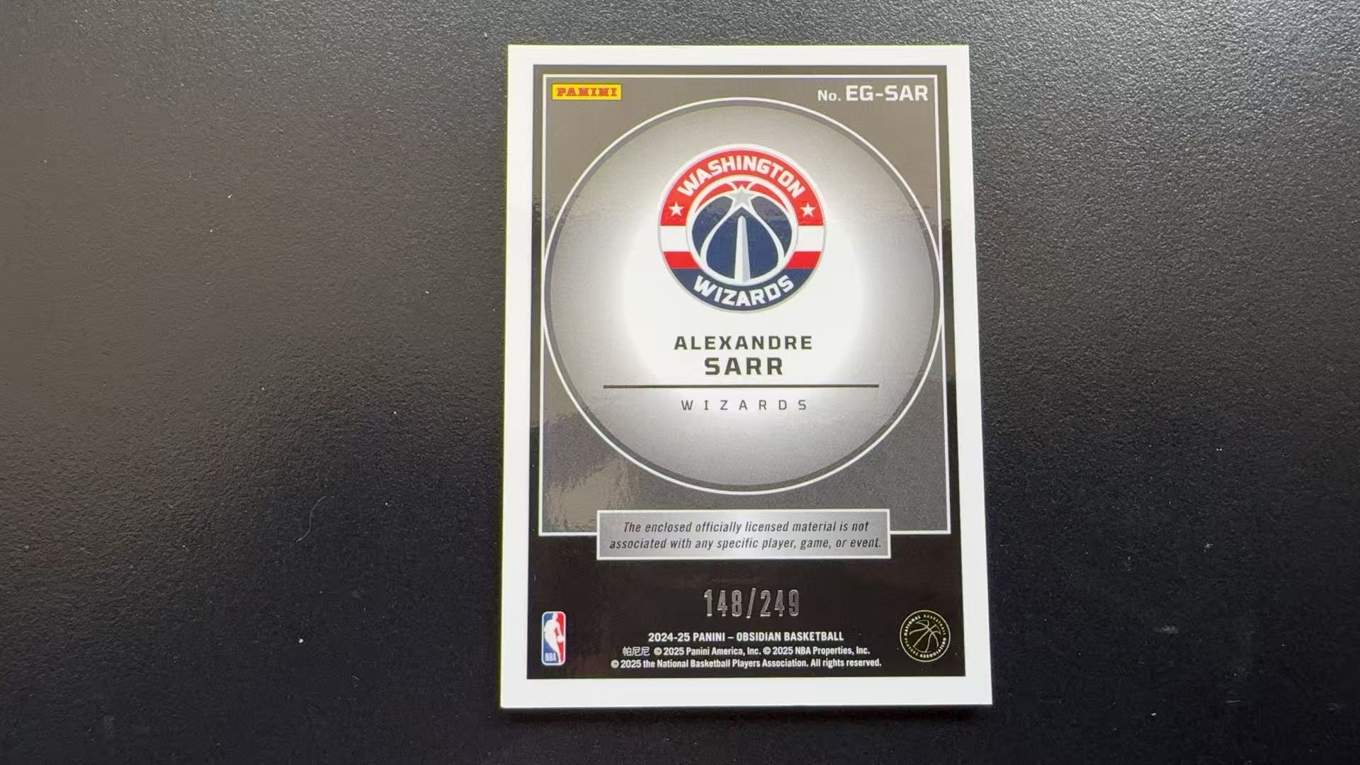 【Pw代卖】2024-25Panini 篮球黑曜石 Alexandre Sarr 萨尔 奇才 榜眼 新秀 RC 小窗物料 249编 实卡精美 收藏必备 萝卜哥