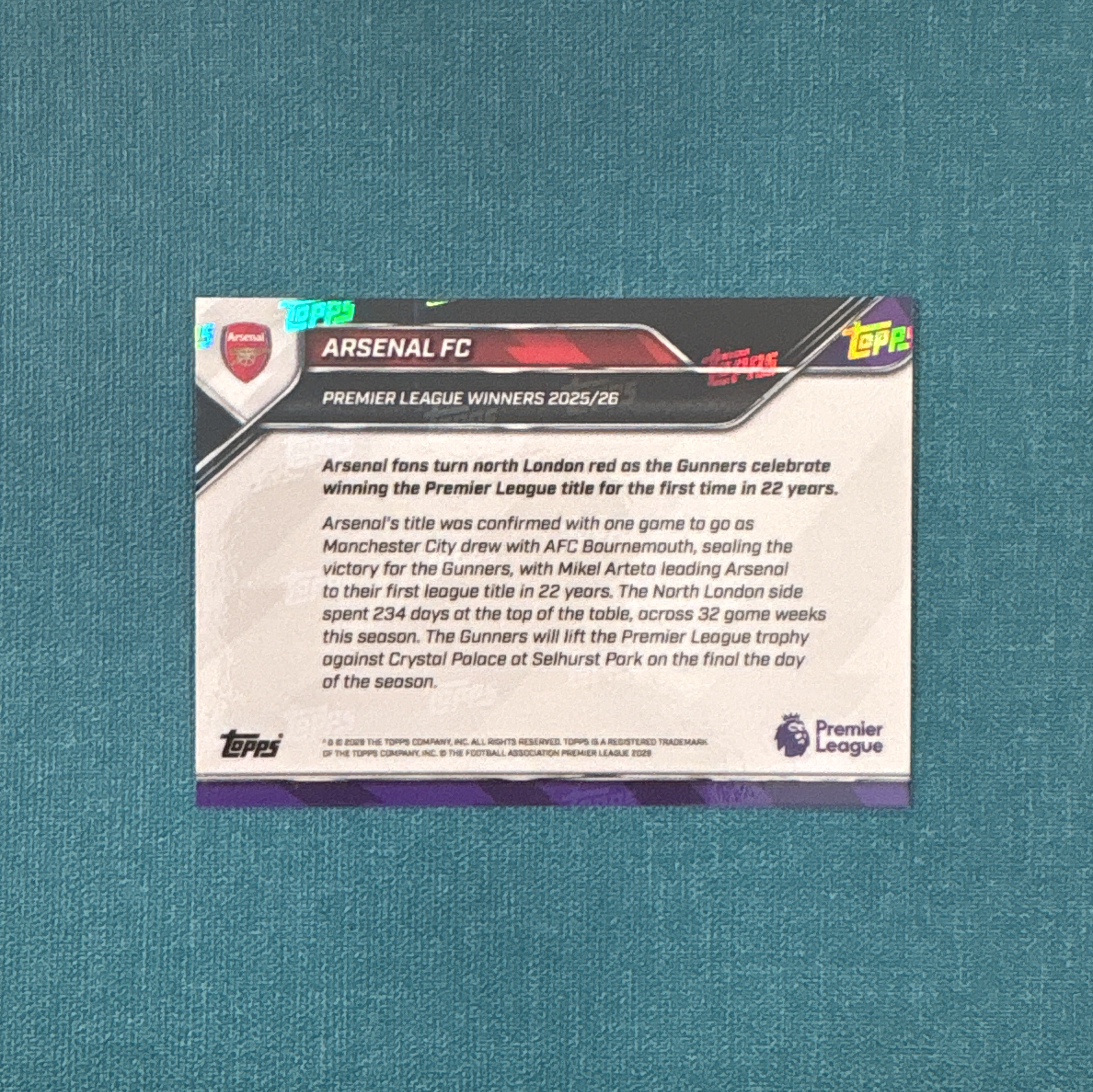 2026 Topps Now 阿森纳 获得2025-26赛季英超冠军 时隔22年再次夺冠 赖斯 厄德高 萨卡 阿尔特塔 萨利巴 道曼 卡品如图 JGG