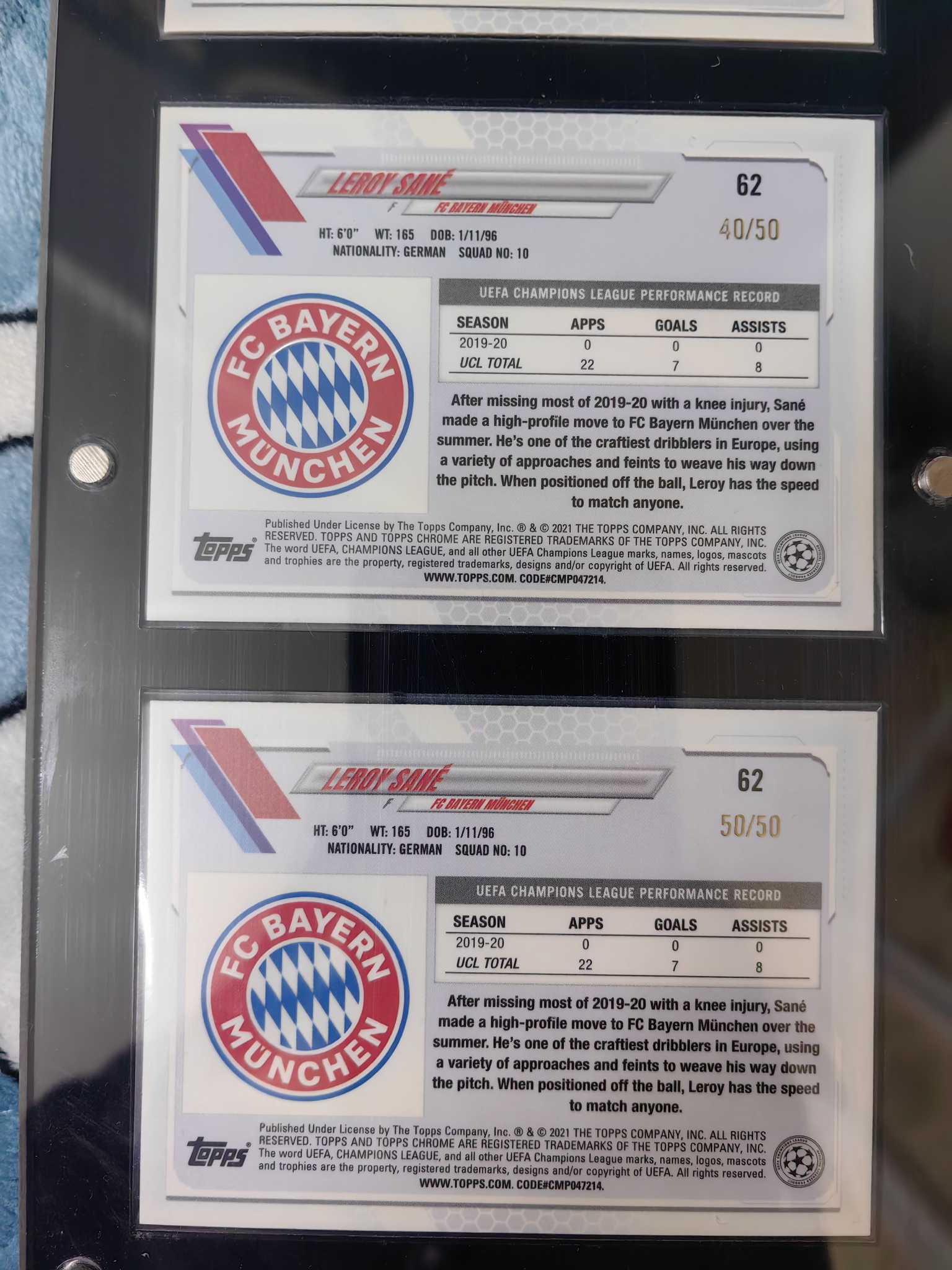 2021 Topps Chrome 欧冠 Leroy Sané 勒鲁瓦·萨内 橙碎冰 蓝宝石 50编 首尾编 同背 反同背 超牛编号 拜仁 曼城 德国 加拉塔萨雷 凑套不易 送卡砖 不保卡品 收藏必备