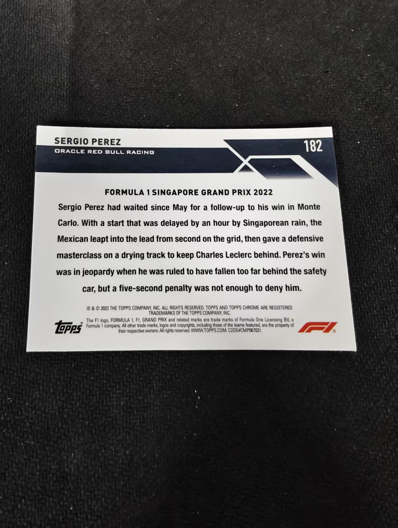 2023 Topps Chrome F1 Sergio Perez 塞尔吉奥 佩雷兹 佩雷斯 红牛 划痕 边角瑕疵 #182