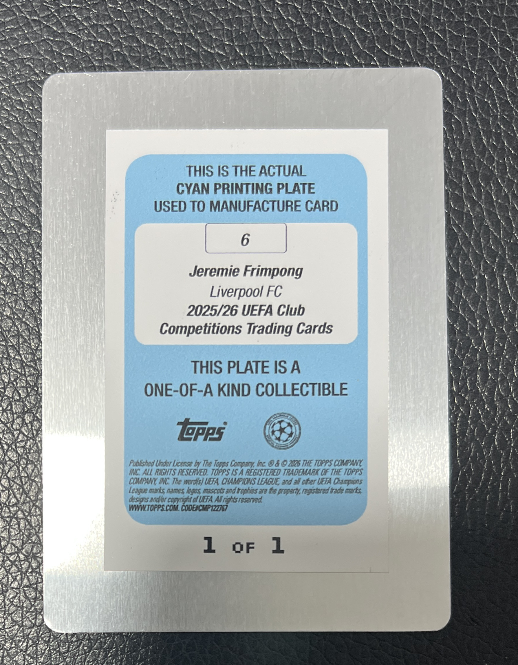 2026 Topps Topps Jeremie Frimpong UCC 利物浦 弗林蓬 铁板 模板 印刷版 1/1编 ofo 1of1 一编一 收藏必备 卡品如图