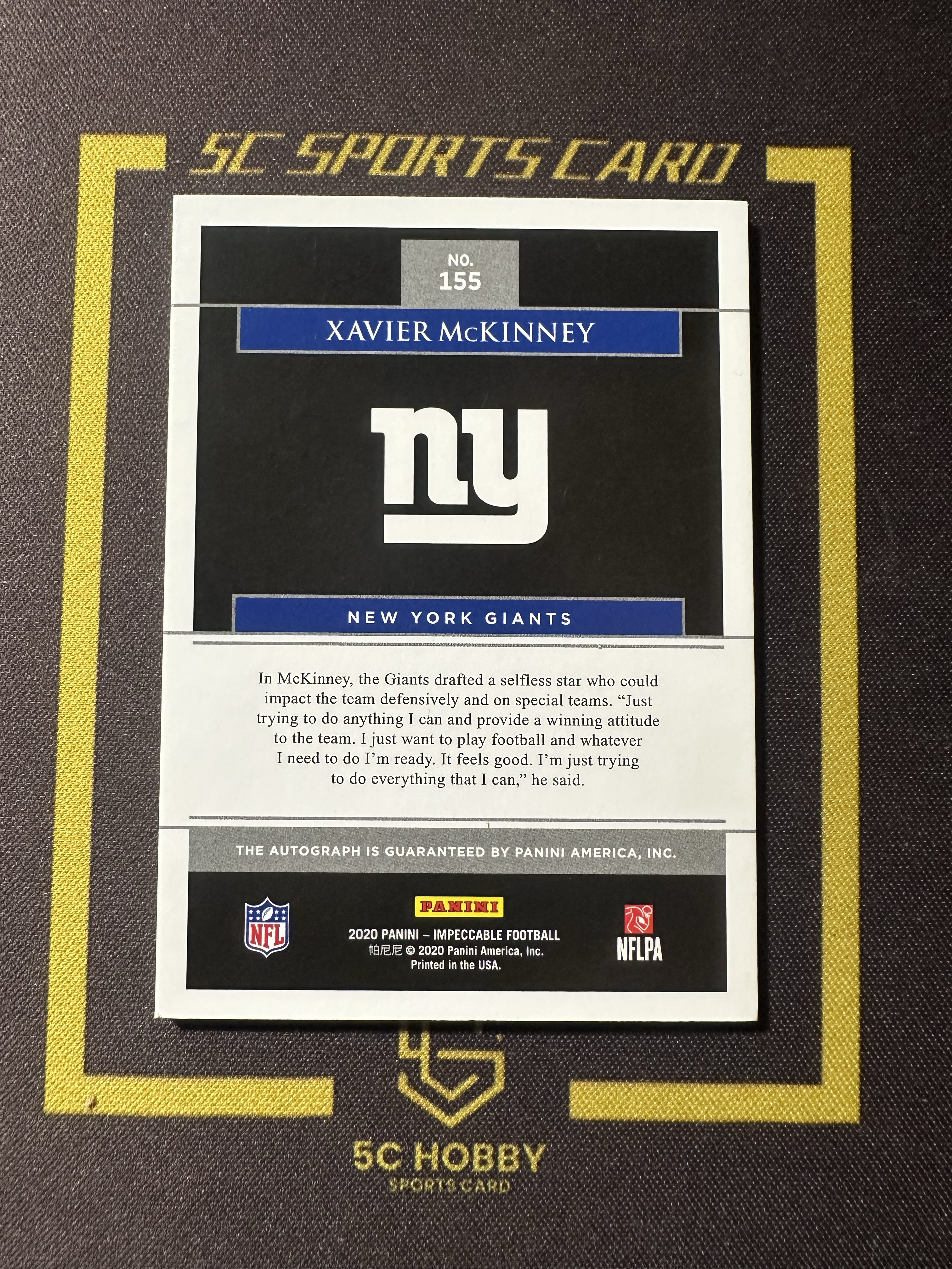 【主演出卡】 2020 panini impeccable 橄榄球 巨人 新秀 Xavier Mckinney 新秀签字 卡品如图 卡品一般 09/75