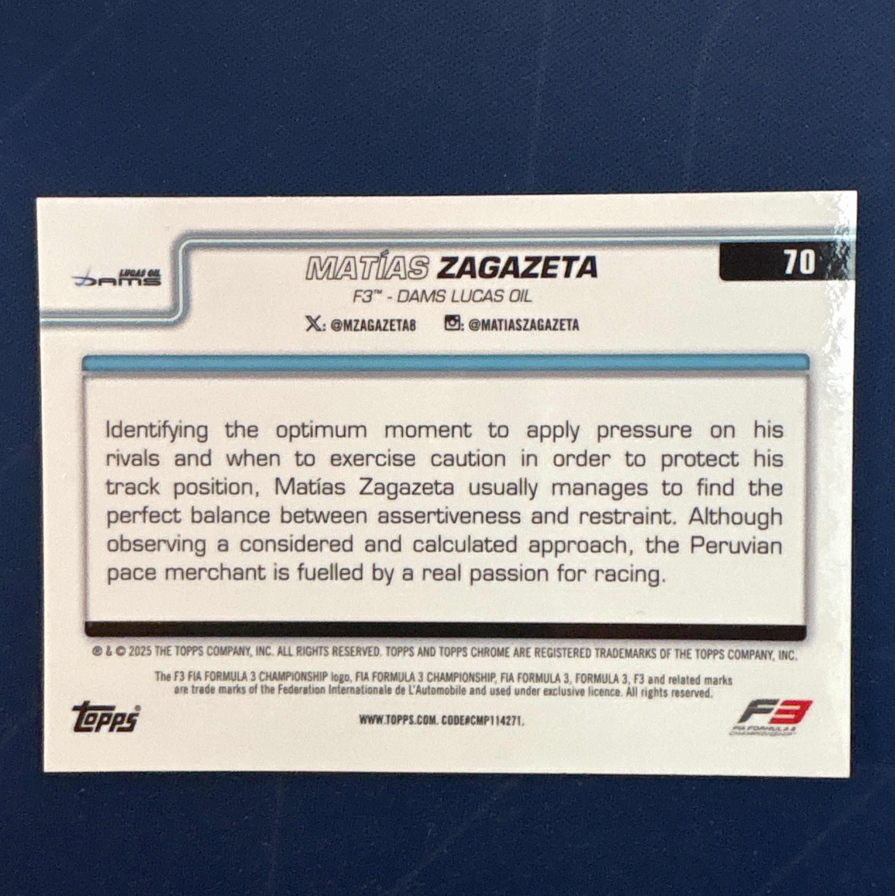 2025 Topps Chrome Matias Zagazeta 【爆爆代卖】F1 75周年 马蒂亚斯 扎加泽塔 121/199编 青折 折射 F3 Dams车队 正定妆照 专收必备 卡品如图#冷哥