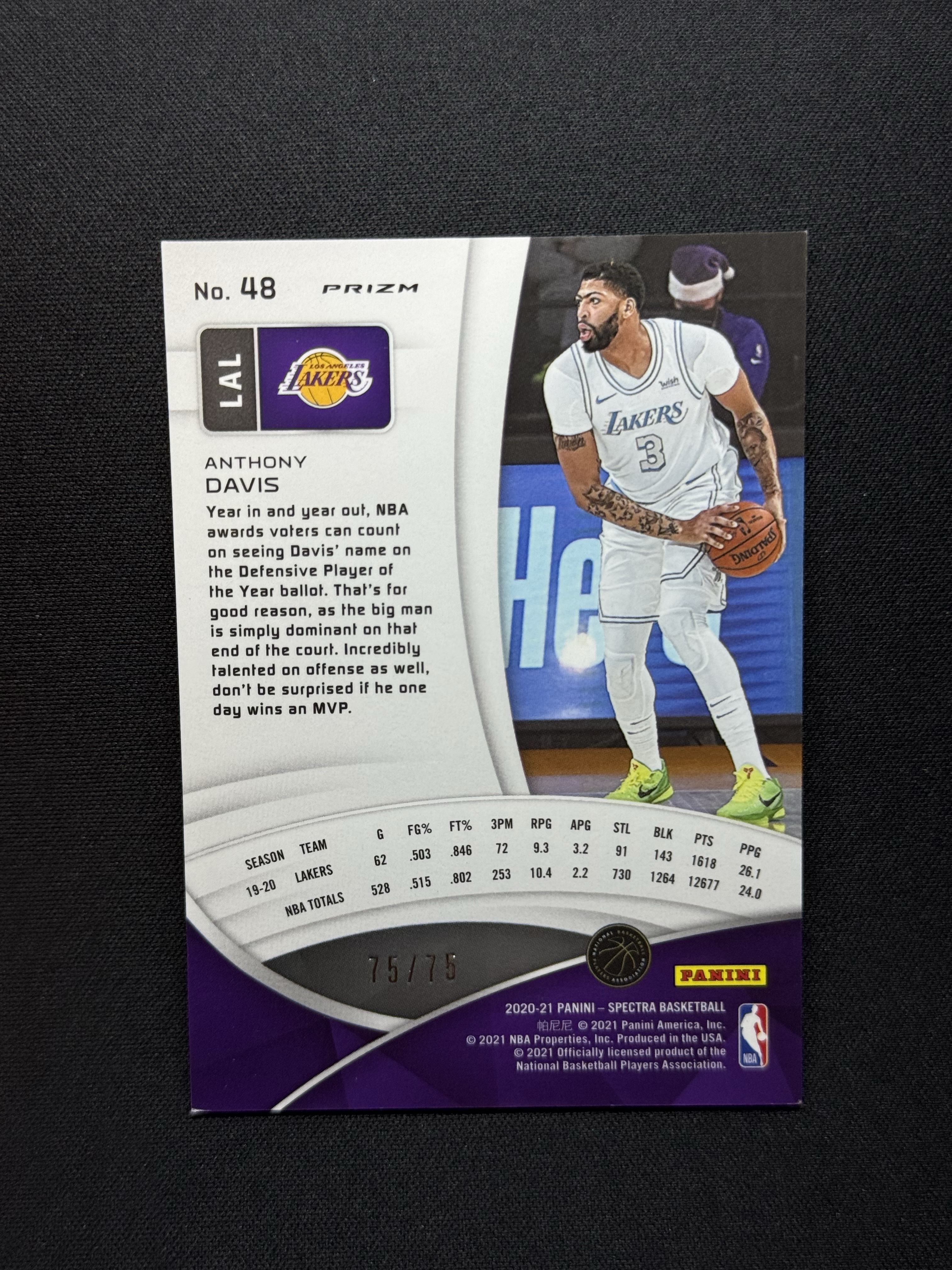 2020-21 Panini Spectra Anthony Davis 【小贝代拍】光谱 湖人 浓眉 安东尼 戴维斯 折射 75/75编 尾编 瑕疵如图 拍前看描述 H WAITAK