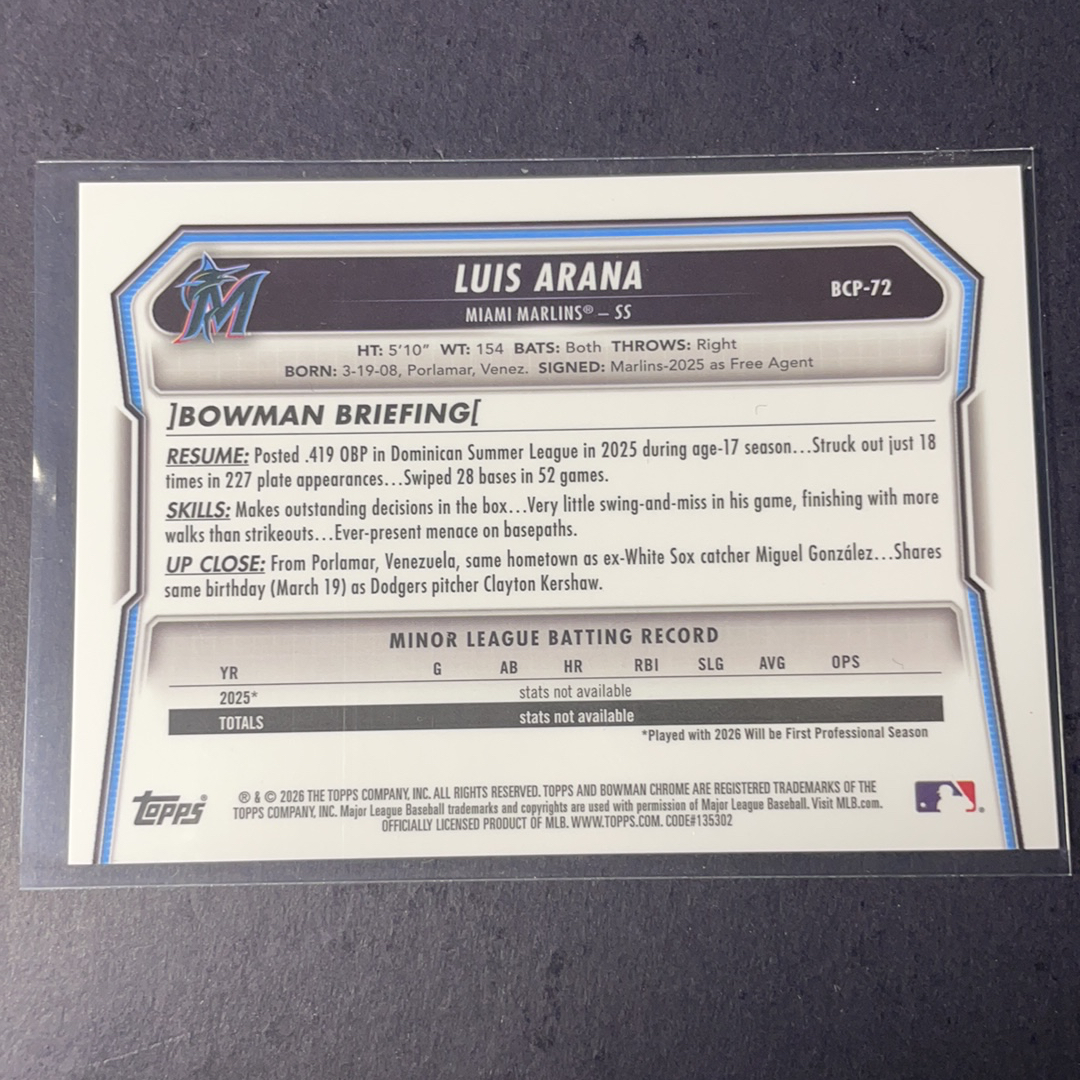 2026 Topps Bowman luis arana RC Luis Arana 马林鱼1st 金几何独占折射50编 2026 Topps Chrome MLB Bowman棒球系列