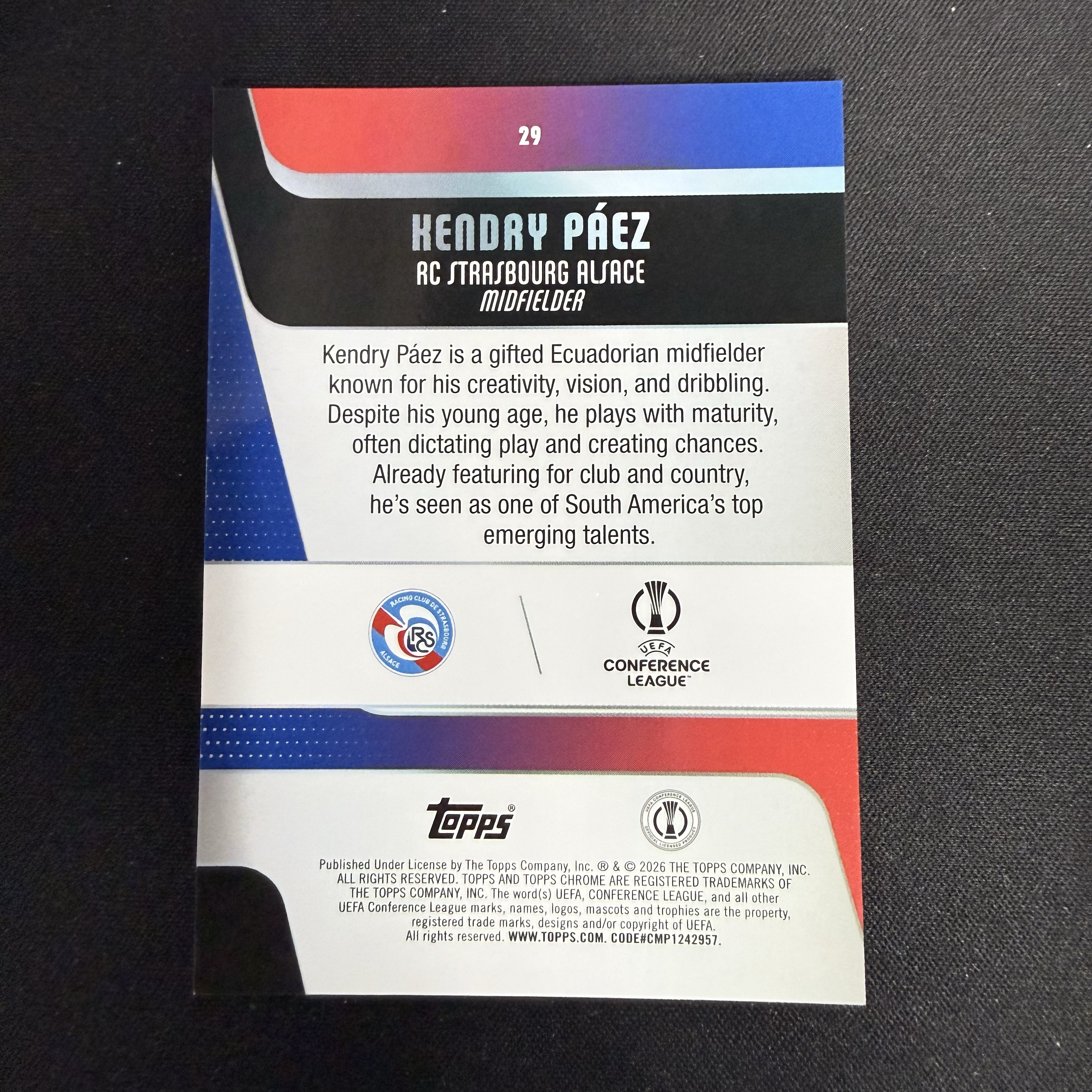 2025-26 Topps Chrome HENDRY PÁEZ RC 【SC拍卖】tc 肯尼迪派斯 斯特拉斯堡 新秀 132/150编 收藏必备(小骆)