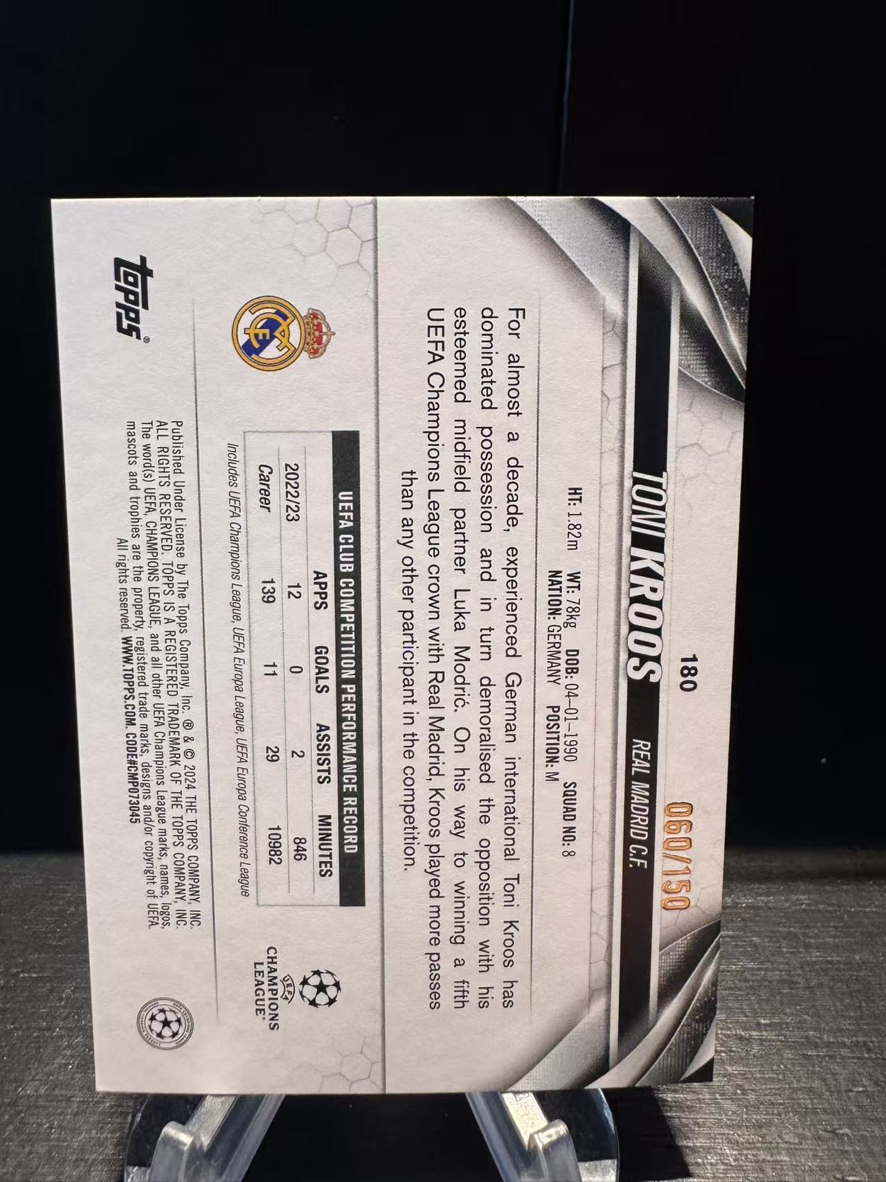 龖2024 Topps 碧玉 欧冠 龙年 Toni Kroos 托尼 克罗斯 060/150编 祥云折 皇马 德国 传奇 碧玉 欧战 卡品如图 MJ002D