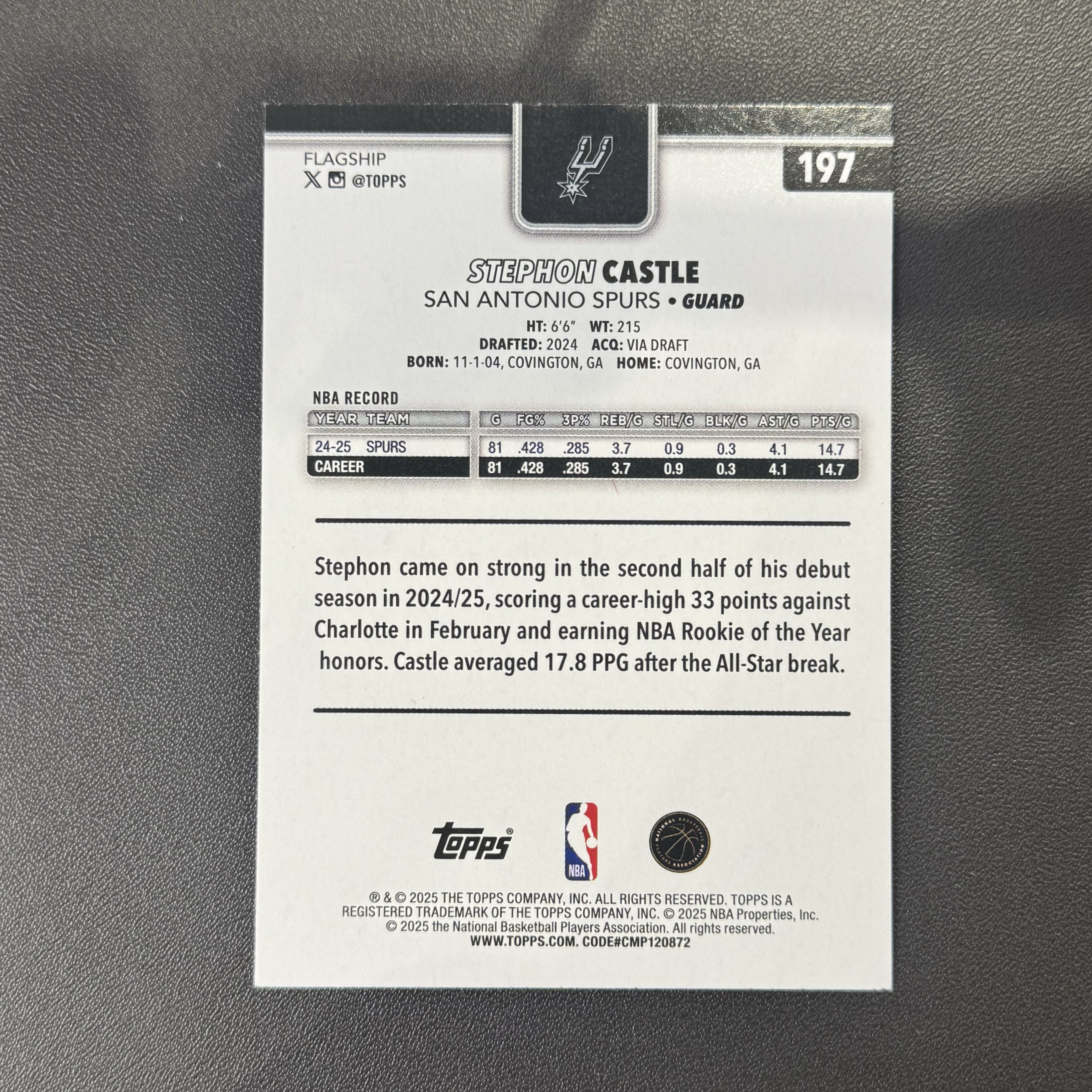 2025-26 Topps flagship Stephon Castle 【猴猴旺卡】马刺 斯蒂芬 卡尔斯 银折 #197 金标 钢印 卡品如图 接代拍 12a 【WXZ】