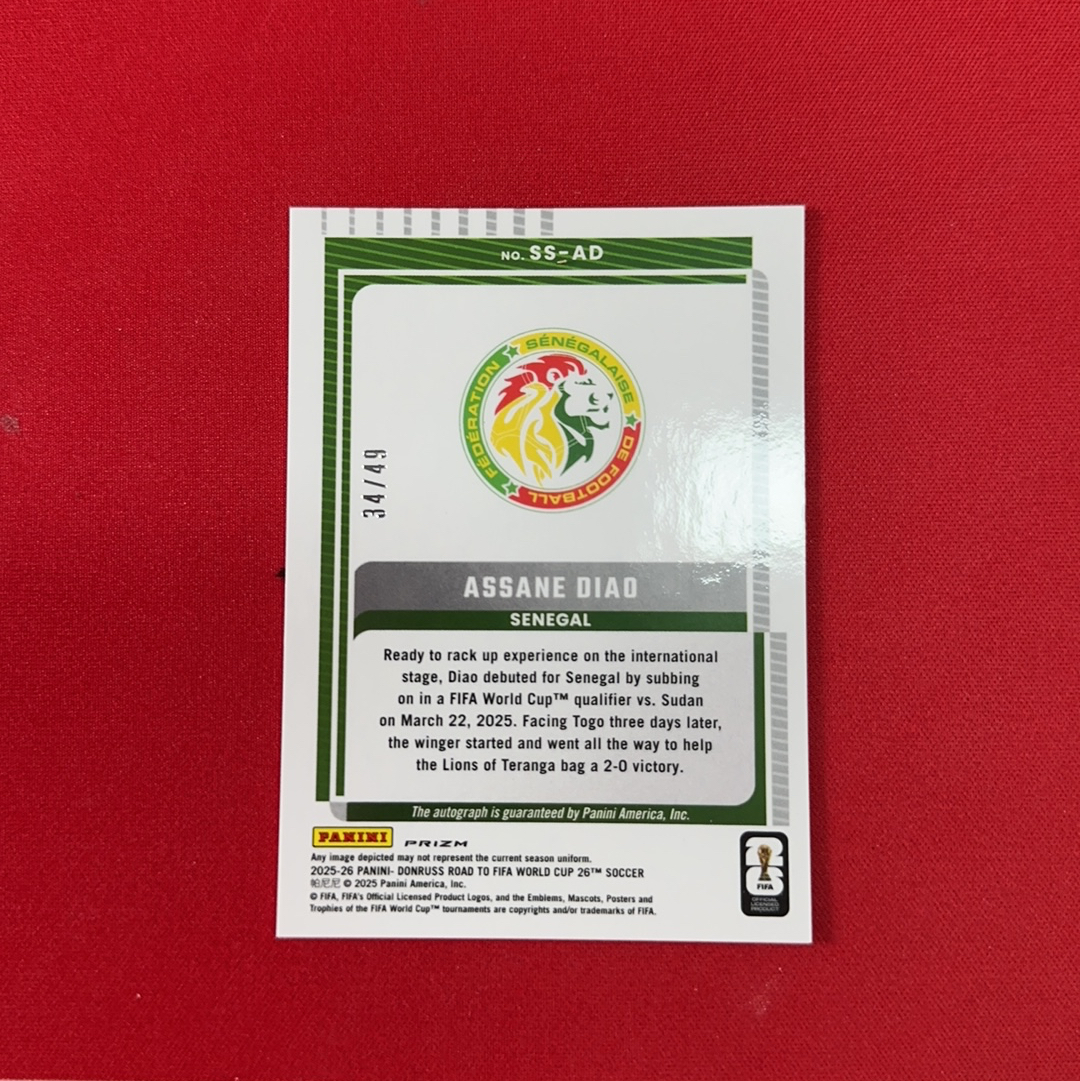 【四喜代拍】2025-26 Panini Donruss 世界杯 杜蕾斯 阿萨内 迪奥 Assane Diao 塞内加尔 34/49编 签字 绿龙鱗折 卡品如图(polo)