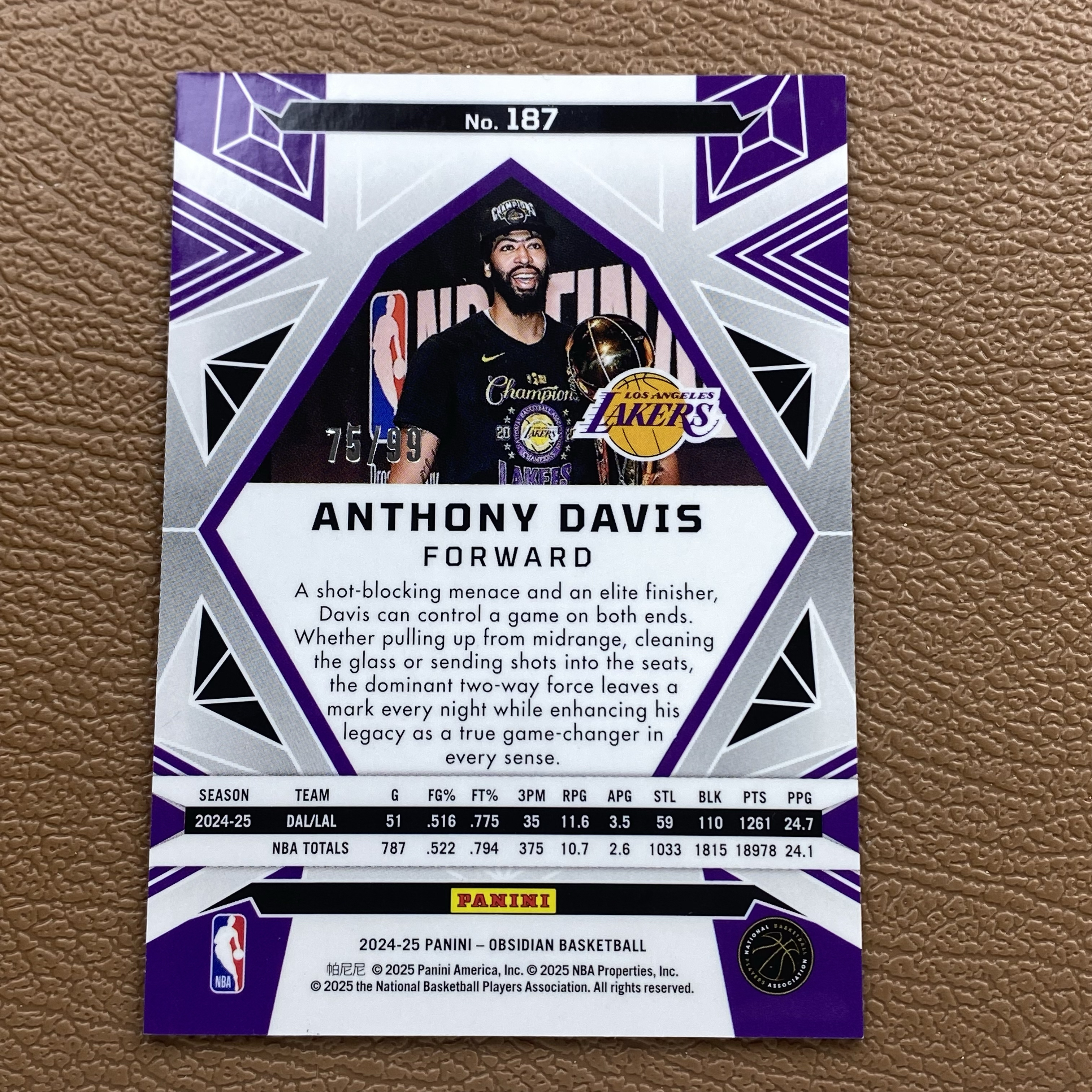 【千藏代拍】2024-25 PANINI-0BSIDIAN BASKETBALL ANTHONY DAVIS 安东尼 戴维斯 湖人 75/99编 捧杯 卡品如图(Boooo)