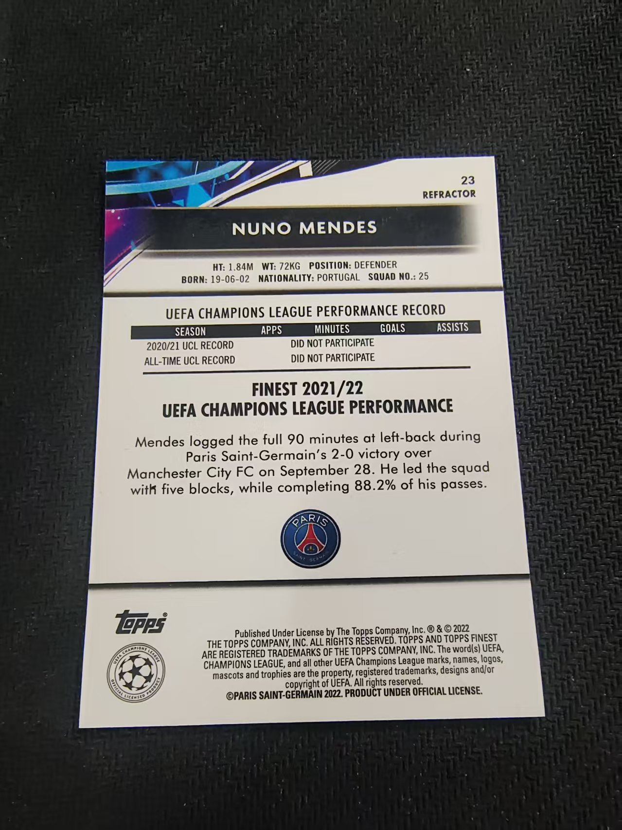 【可合并,不累计】2022 Topps Finest Nuno Mendes 努诺 门德斯 巴黎 新秀 RC 欧冠 银折 划痕 边角微瑕 #23