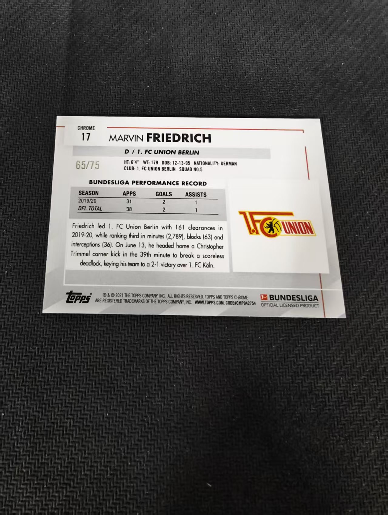 【可合并,不累计】2021 Topps Chrome Marvin Friedrich 马尔文 弗里德里希 德国国家队 后卫 TC德甲 粉波纹 75编