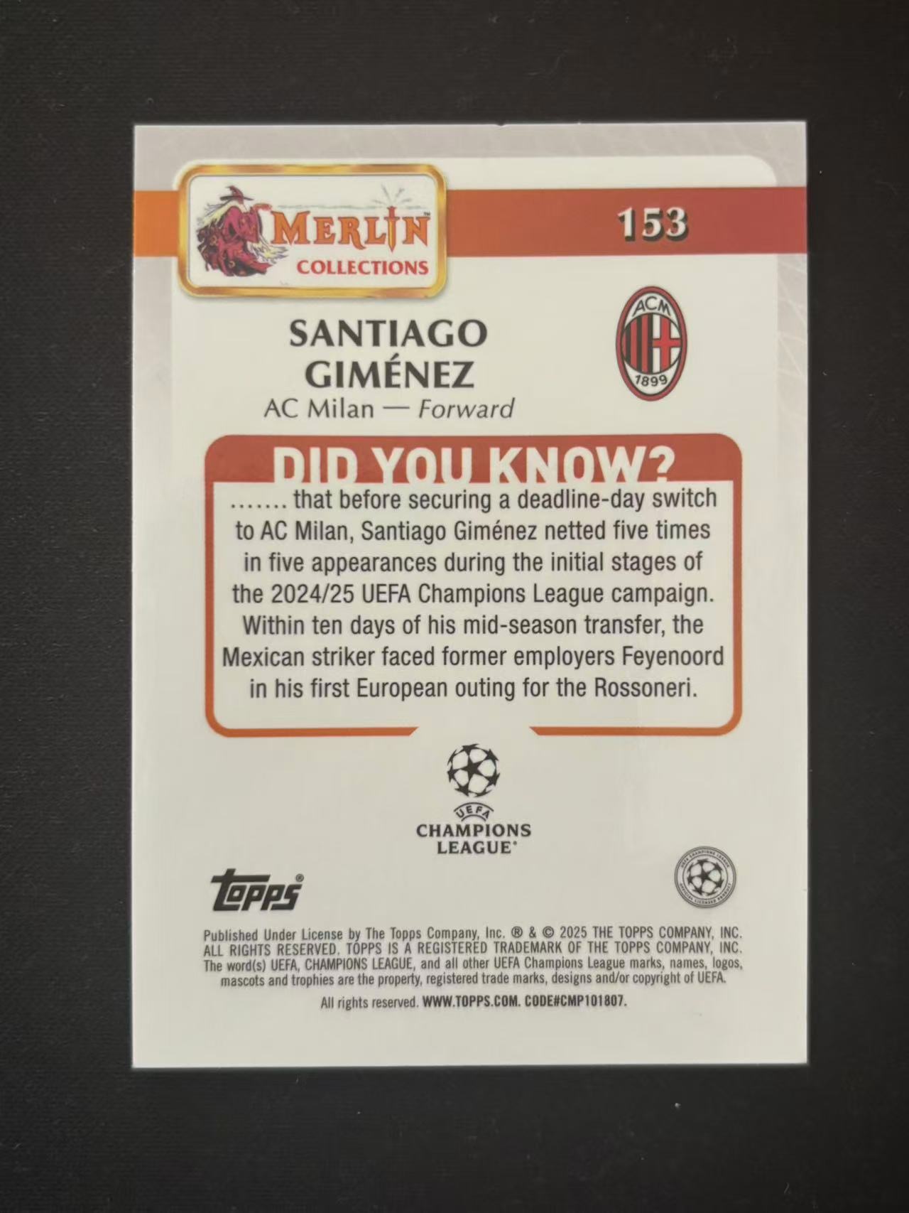 【星辰】TOPPS 2025 MERLIN 梅林系列 AC 米兰 折射 蓝 点点折 150编 GIMENEZ 圣地亚哥 希门尼斯 FORWORD 前锋