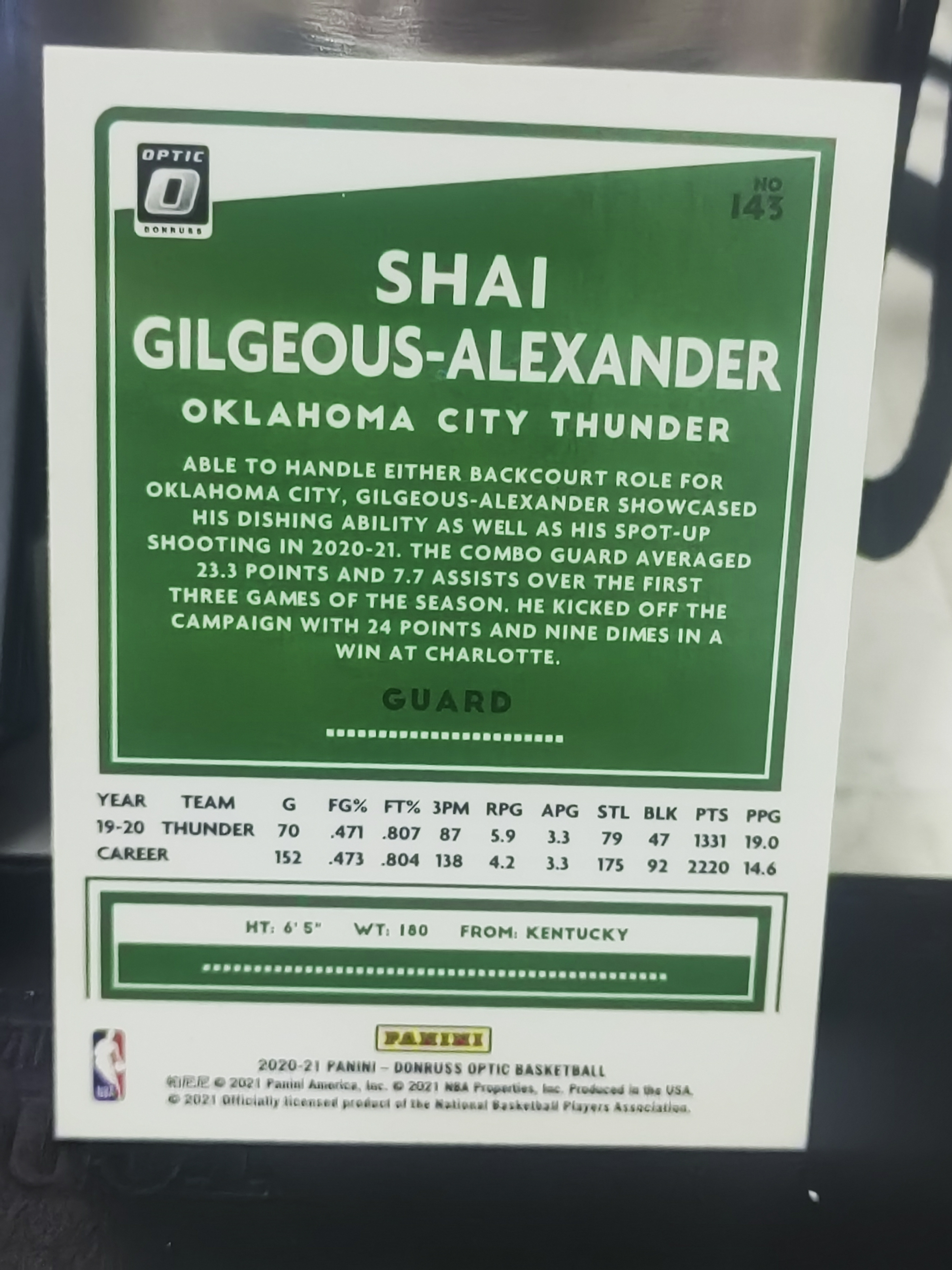 2020-21 Panini Donruss Optic Shai Gilgeous-Alexander 杜蕾斯OP SGA 谢伊 亚历山大 吉尔杰斯 雷霆 篮 白边白角 不保卡品 卡品如图