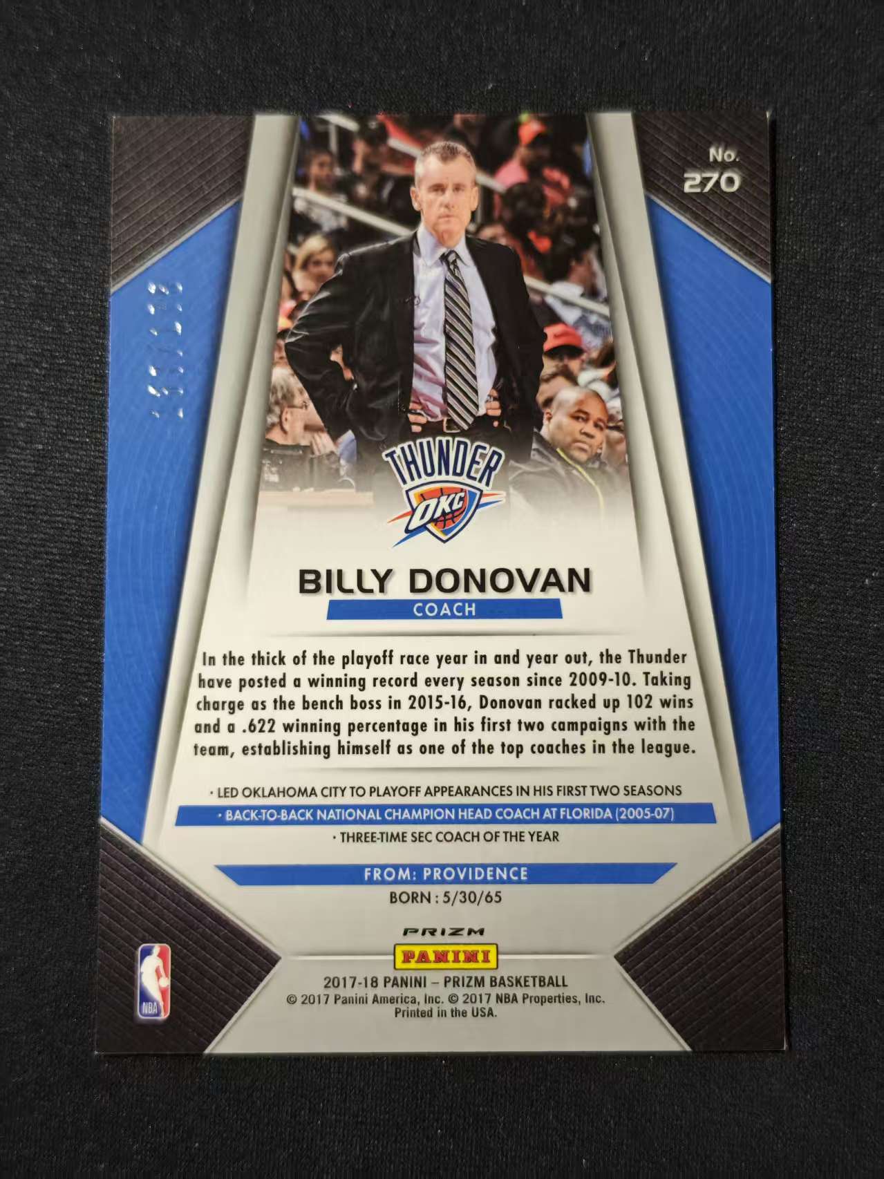 2017-18 Panini Prizm Billy Donovan Thunder 雷霆 教练 比利 多诺万 蓝泡泡折 蓝Disco折射 /175编 pz 卡品如图 凑套必备