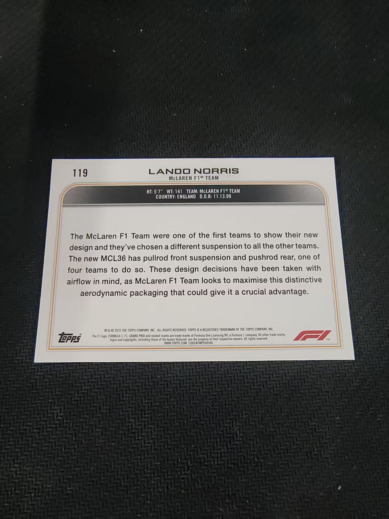 【汽水拍卖】2022 Topps Chrome F1 Lando Norris 诺里斯 迈凯伦 黑白棋盘 划痕 边角瑕疵 #119
