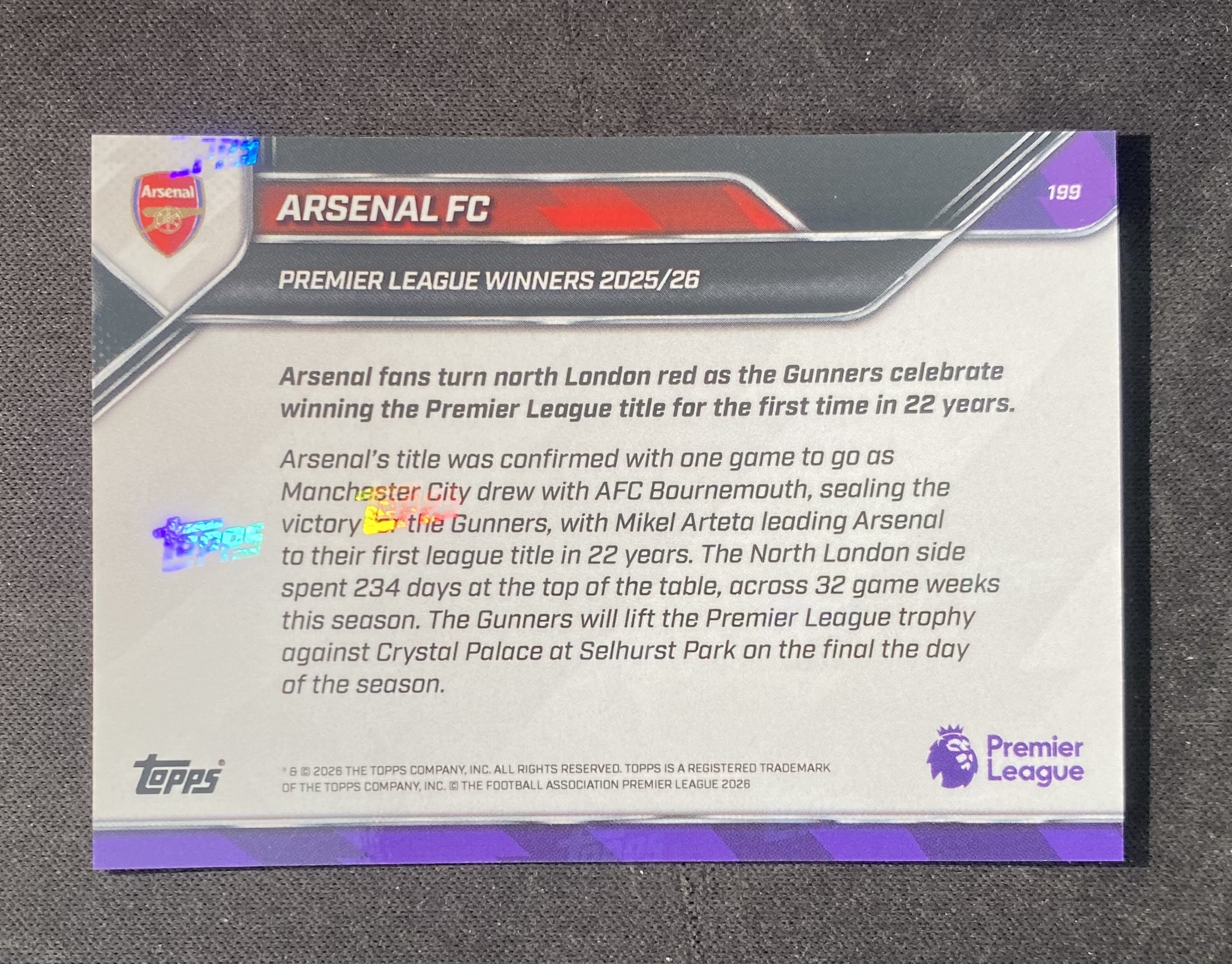 2026 Topps Now Arsenal 【来拆波卡】英超 阿森纳 英超冠军 全队合照 base 关联 道曼 萨利巴 赖斯 2 ad