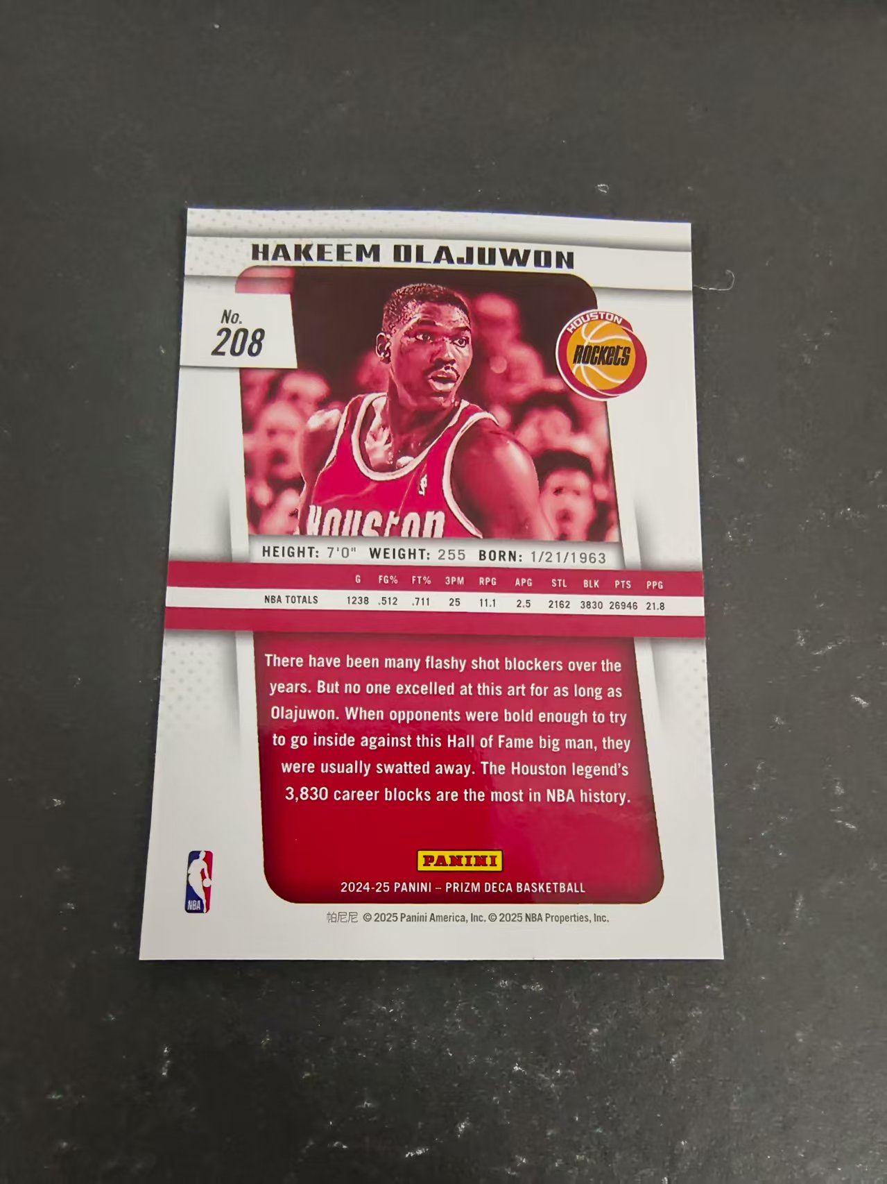 【可合并,不累计】2024-25 Panini Prizm Deca Hakeem Olajuwon PZ 奥拉朱旺 状元 PZ 复刻 划痕 边角瑕疵 #208