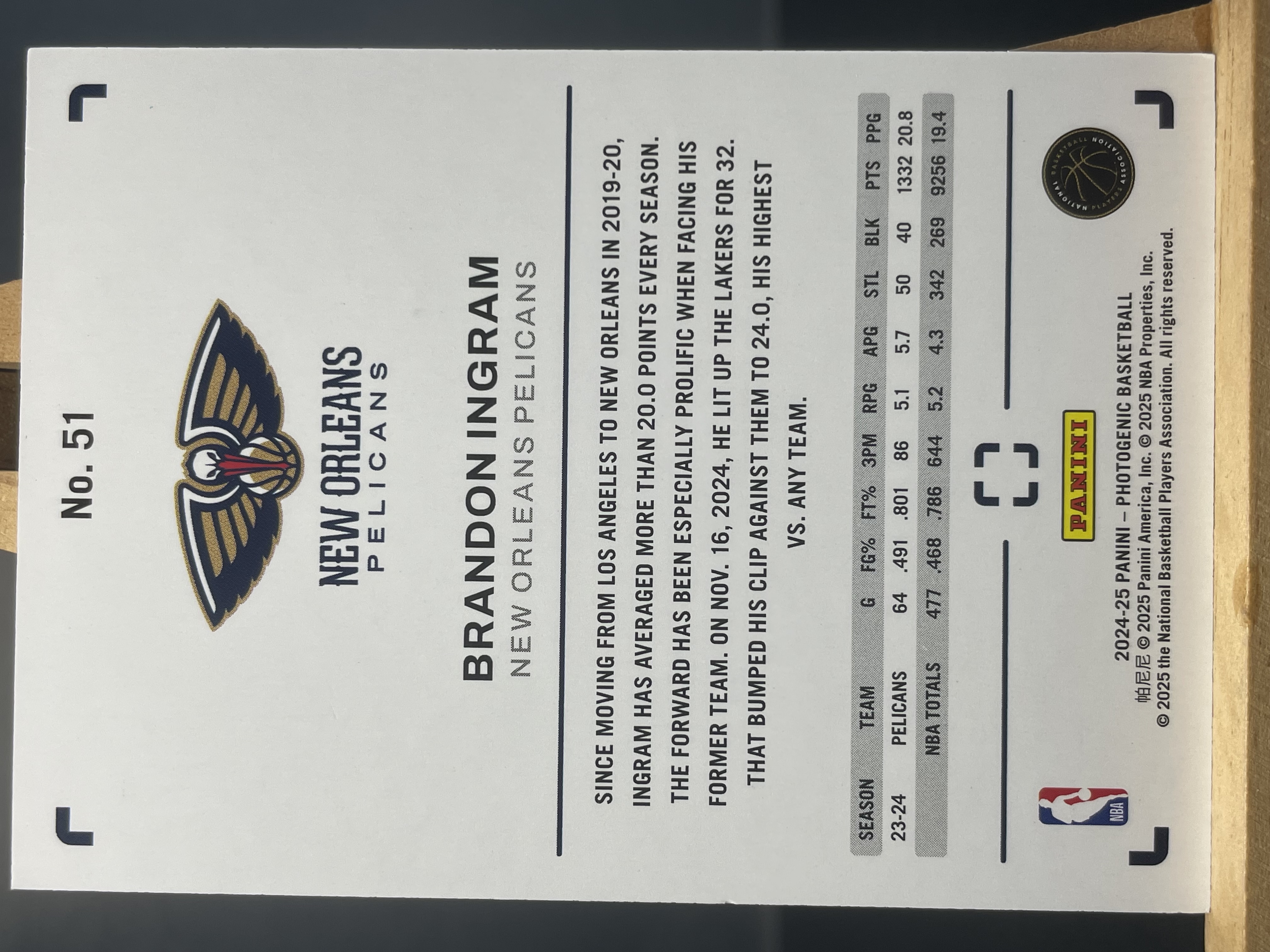 (B9) 2024-25 PANINI 上镜系列 布兰登 英格拉姆 鹈鹕 实卡好看 收藏凑套必备 卡品如图 !!!