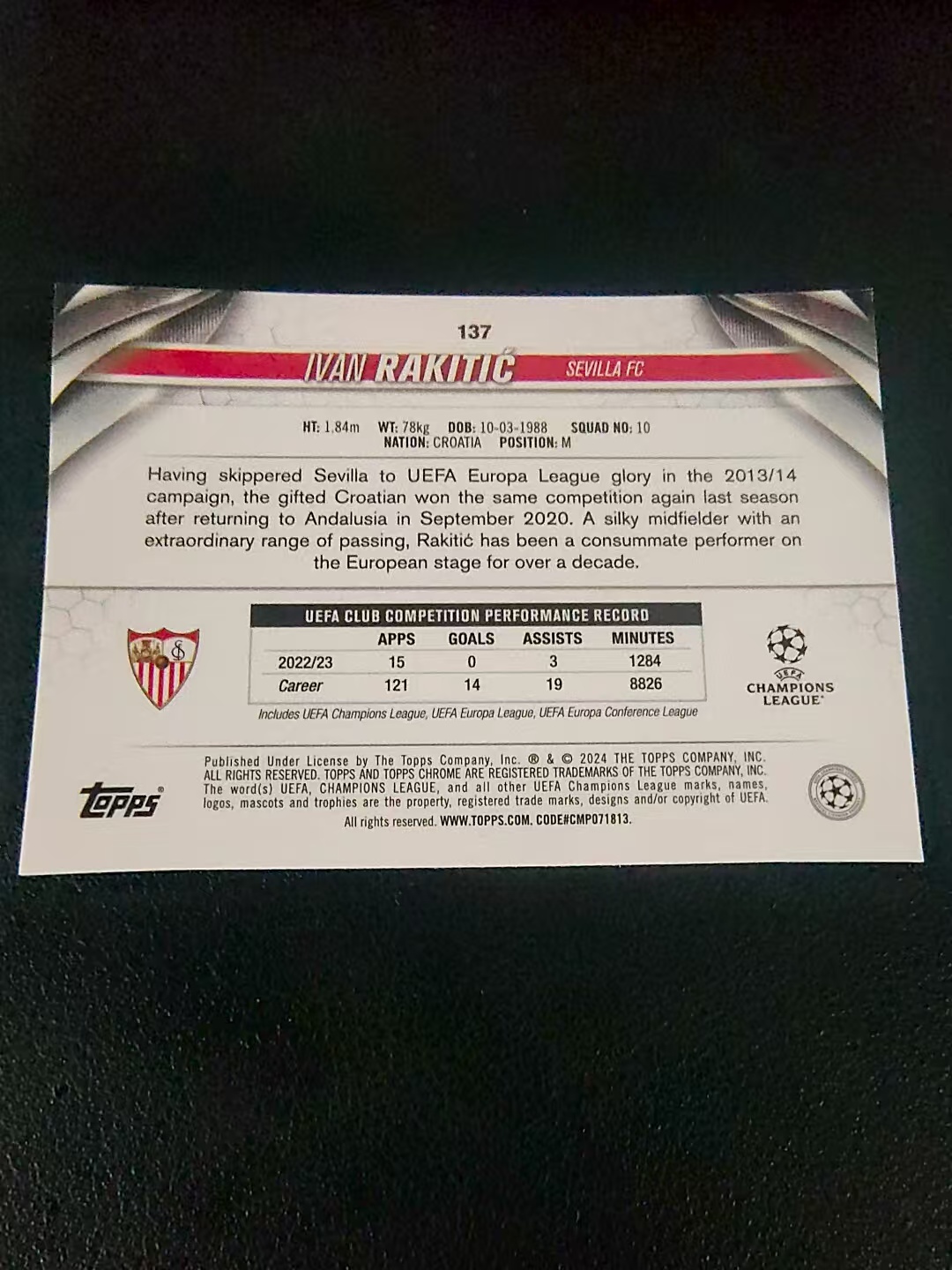 【可合并,不累计】2024 Topps Chrome Ivan Rakitic 塞维利亚 拉基蒂奇 欧冠 划痕 边角瑕疵 #137