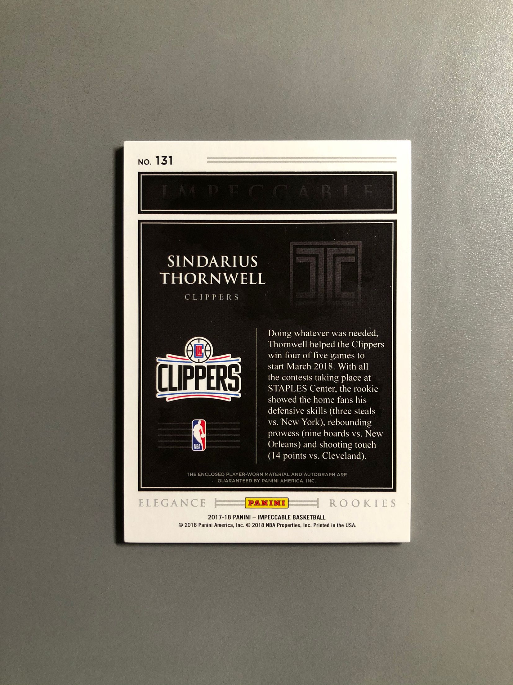 2017-18 Panini Impeccable Sindarius Thornwell RC 桑韦尔 快船 新秀 RC 落场 球衣 签字 卡签 RPA 99编 实卡好看 卡品如图 可累计FT029