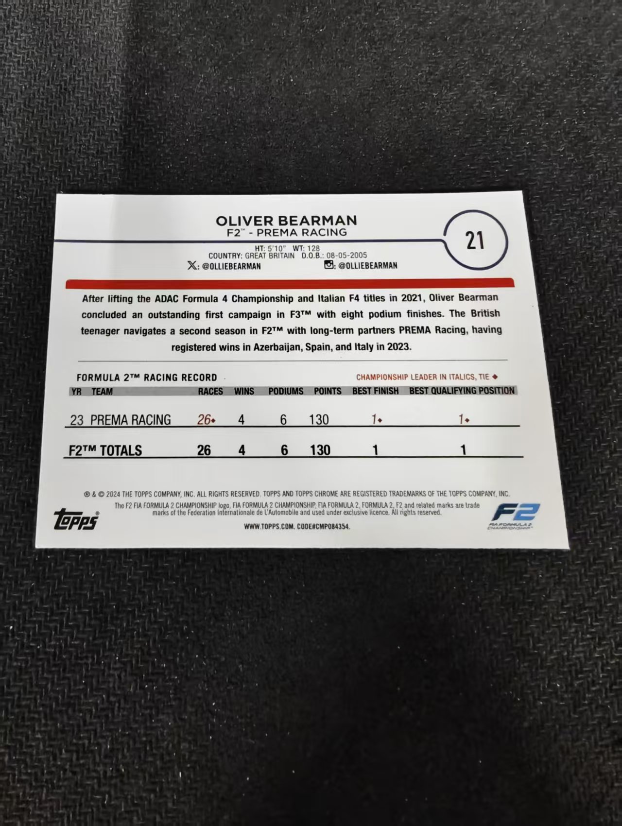 2024 Topps Chrome F1 Oliver Bearman 奥利弗 比尔曼 哈斯车队 F2 划痕 边角瑕疵 #21